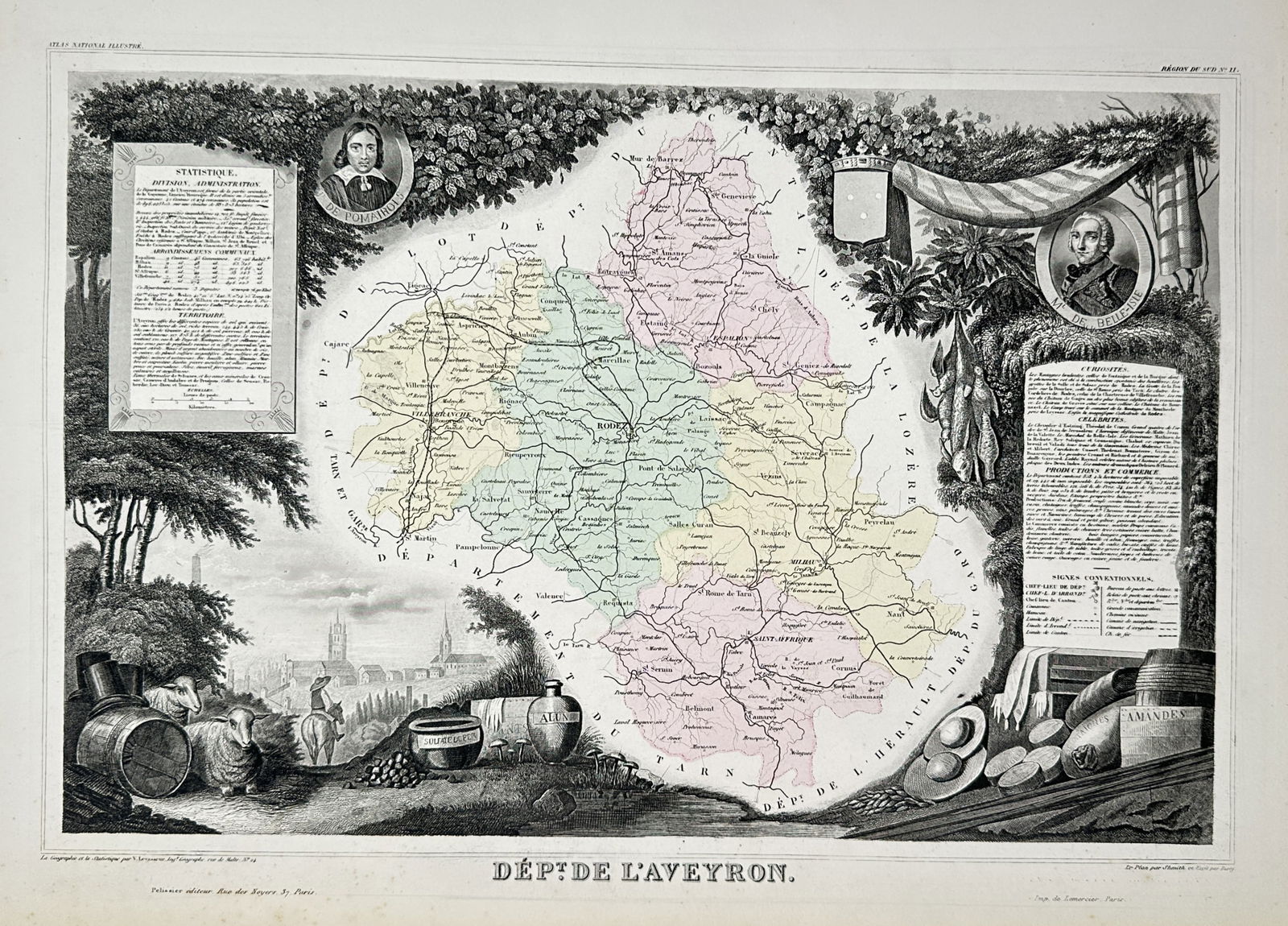 Victor Levasseur (1800–1870) – Map of the Department of Aveyron – France: "Dépt. de l'Aveyron" illustrates the administrative and geographical features of the department in southern France, with its arrondissements distinguished by delicate hand-coloured washes in yellow,