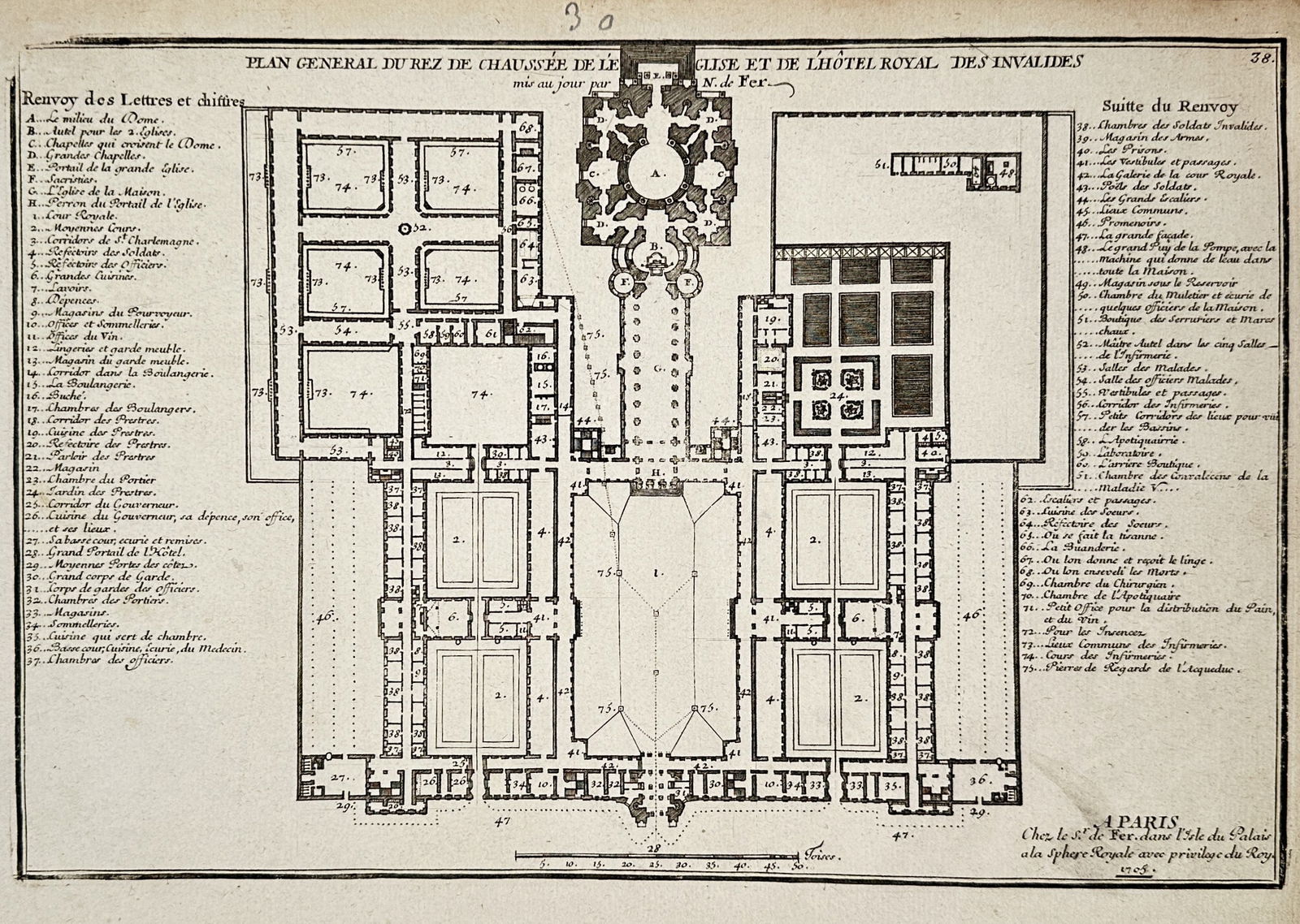 Nicolas de Fer – General Ground Floor Plan of the Church and Royal Hotel des Invalides – France (1 of 2)