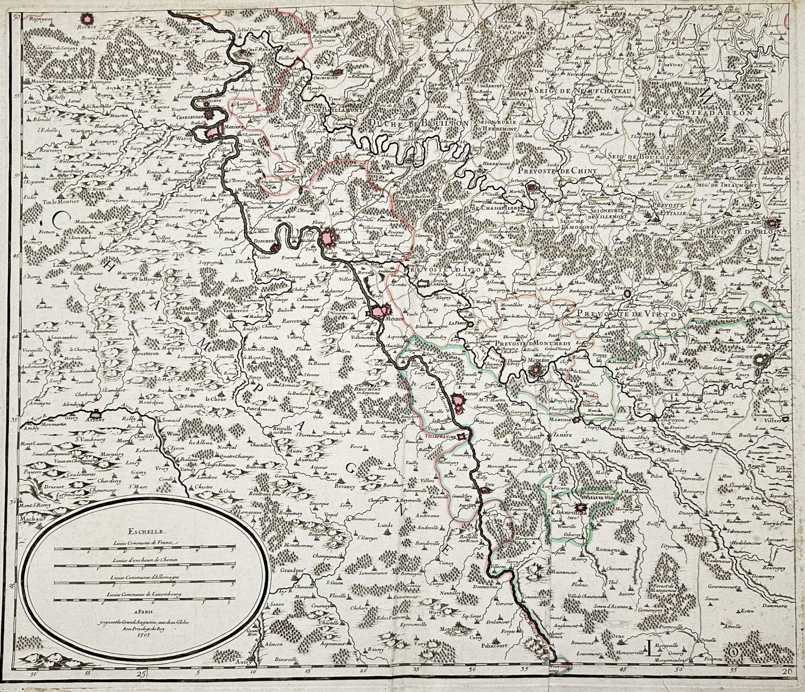 Robert de Vaugondy – Map of the Duchy of Luxembourg – Benelux – Hand-coloured copper engraving: "Le Duché de Luxembourg" illustrates the administrative and topographical details of the historic duchy, covering parts of modern-day Luxembourg, Belgium, France, and Germany. The map features hand-c