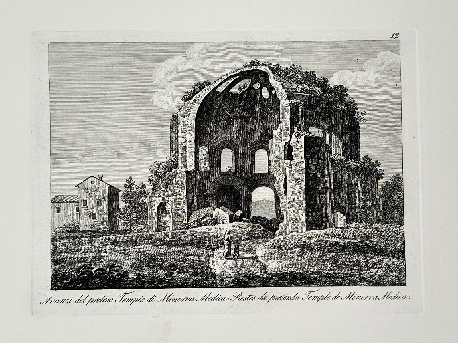 Giovanni Maria Cassini (1745–1824) – View of the Temple of Minerva Medica – Rome, Italy: "Avanzi del preteso Tempio di Minerva Medica / Restes du prétendu Temple de Minerve Medica" illustrates the vaulted ruins of the decagonal Nymphaeum on the Esquiline Hill, historically misidentified