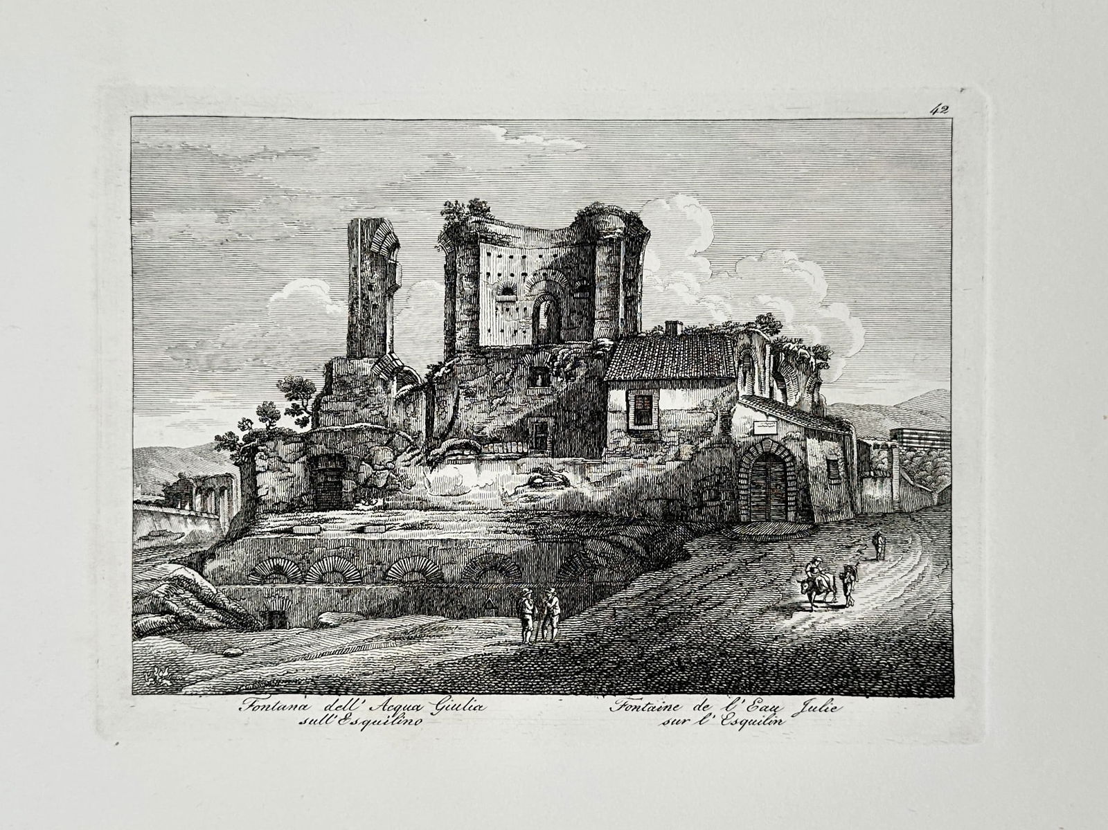Giovanni Maria Cassini (1745–1824) – View of the Fountain of Acqua Giulia – Rome, Italy –: "Fontana dell' Acqua Giulia sull'Esquilino / Fontaine de l'Eau Julie sur l'Esquilin" illustrates the ruins of the monumental ancient Roman fountain house located on the Esquiline Hill. The etching fea