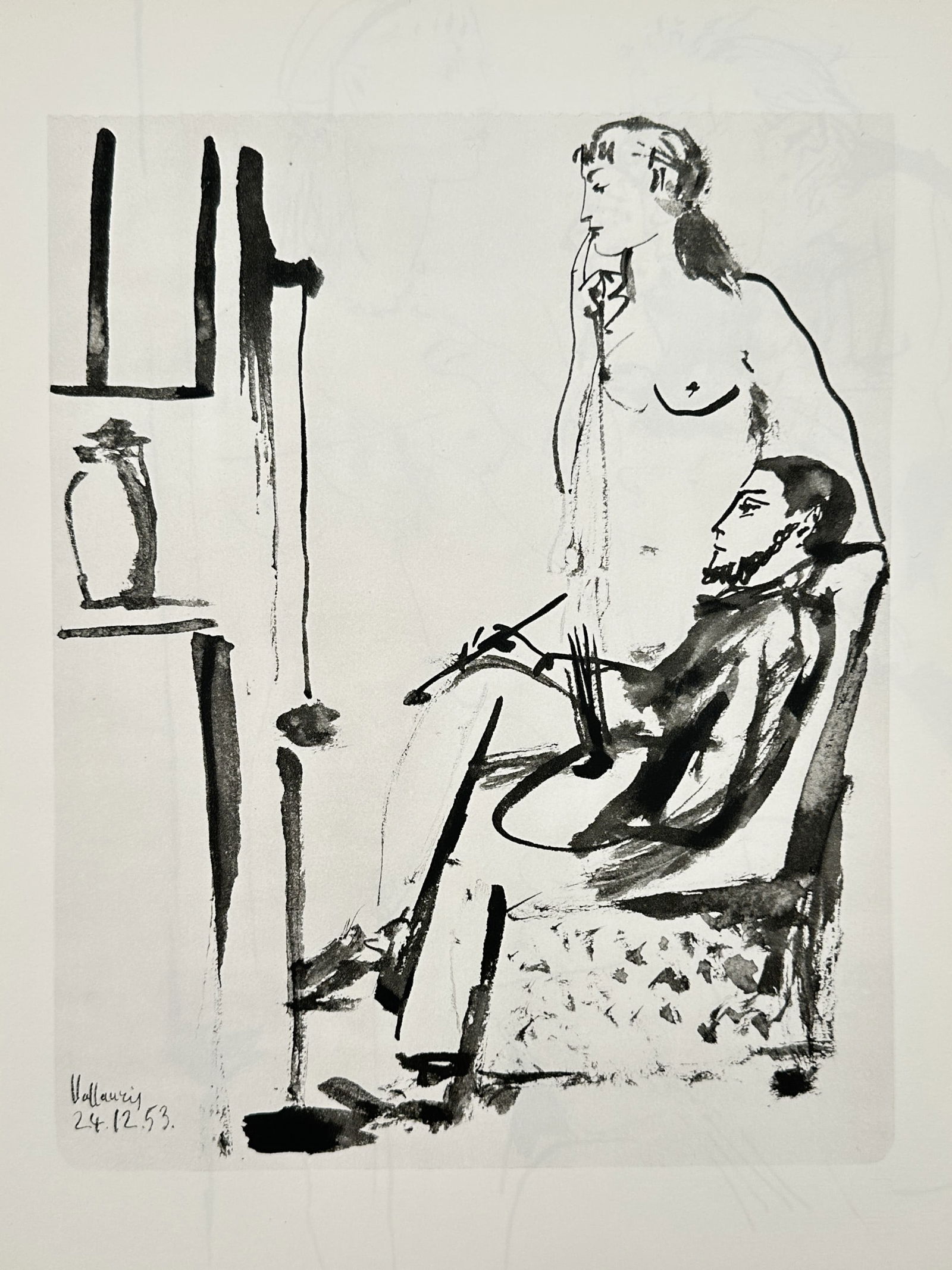 Pablo Picasso (1881–1973), after – Artist and Model – Heliogravure (20th Century): "Artist and Model" illustrates a scene from the artist's studio, featuring a seated painter with a palette and brush working before an easel while a standing nude model observes from behind his chair.