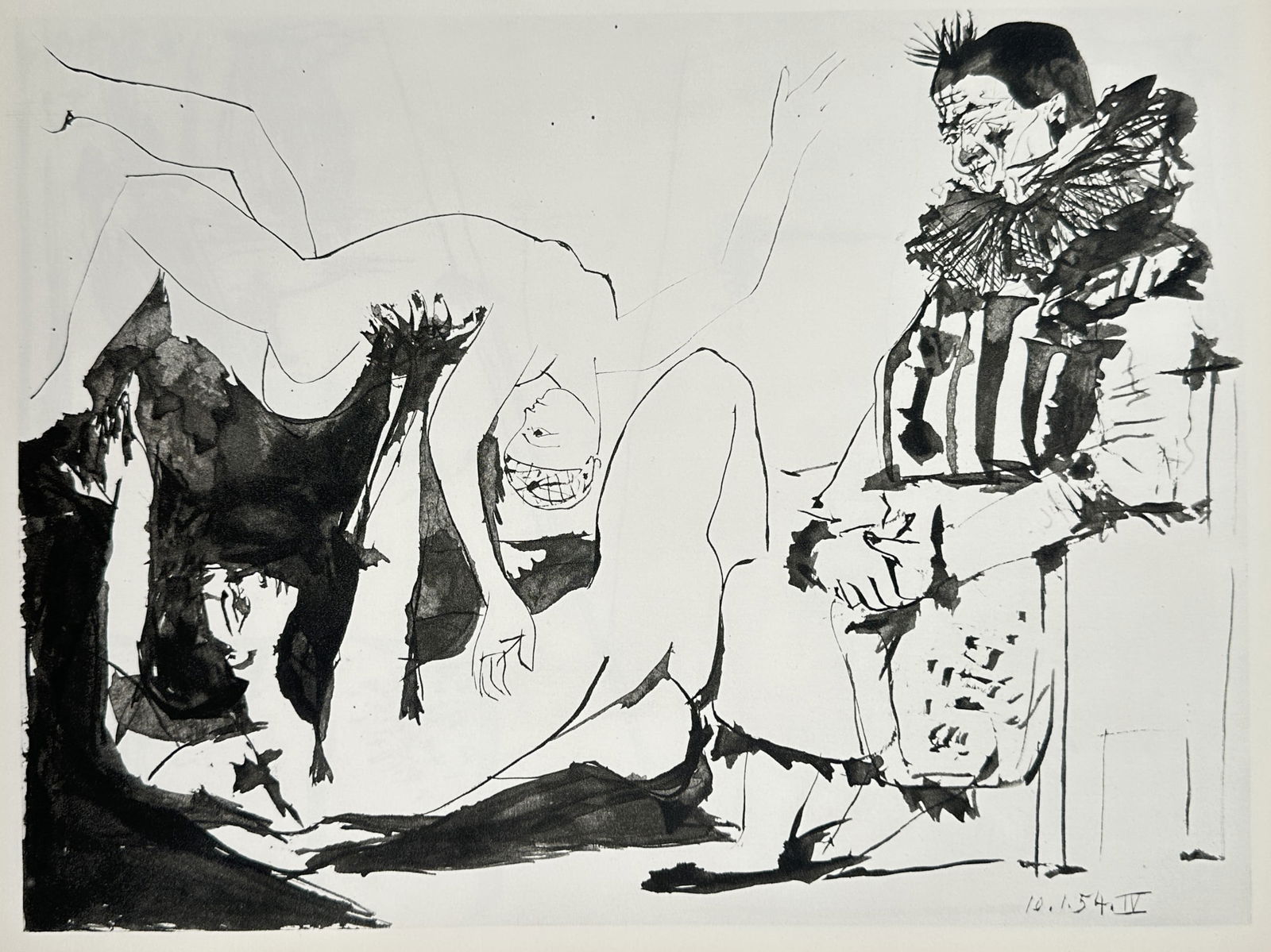 Pablo Picasso (1881–1973), after – Clown and Nude Figures – Heliogravure (20th Century): "Clown and Nude Figures" illustrates a theatrical studio scene featuring a seated clown in an elaborate ruffled collar and striped costume on the right, observing two intertwined nude figures on the l