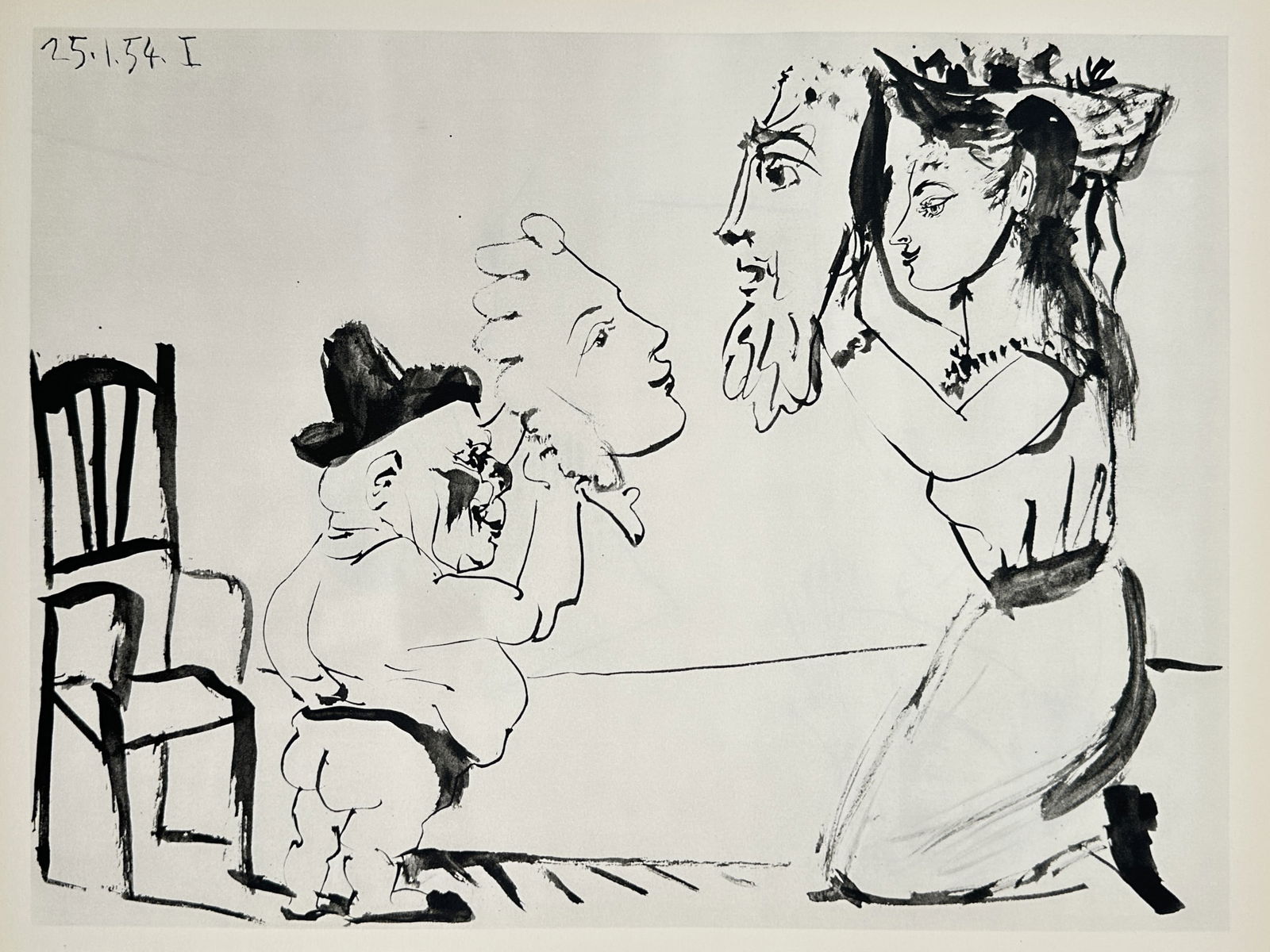 Pablo Picasso (1881–1973), after – Two Figures with Masks – Heliogravure (20th Century): "Two Figures with Masks" illustrates a theatrical scene from the artist's studio, featuring a kneeling woman on the right holding a large bearded mask up to her face, while a short, rotund male figure