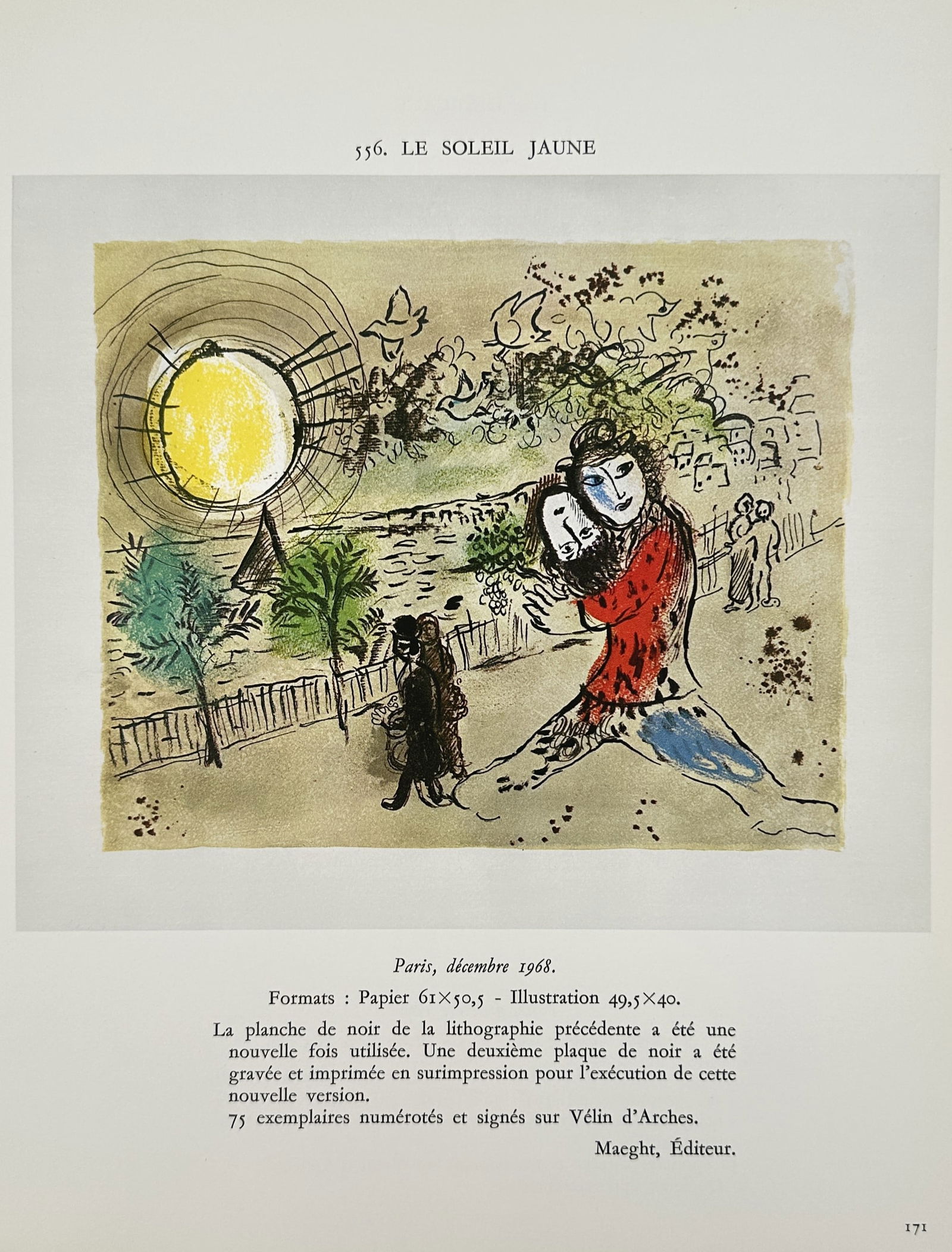 Marc Chagall (1887–1985), after – The Yellow Sun – Offset print (20th Century): "Le Soleil Jaune" illustrates a whimsical scene featuring a central figure with two faces, one blue and one white, clad in a vibrant red garment. The figure appears to be moving through a landscape to