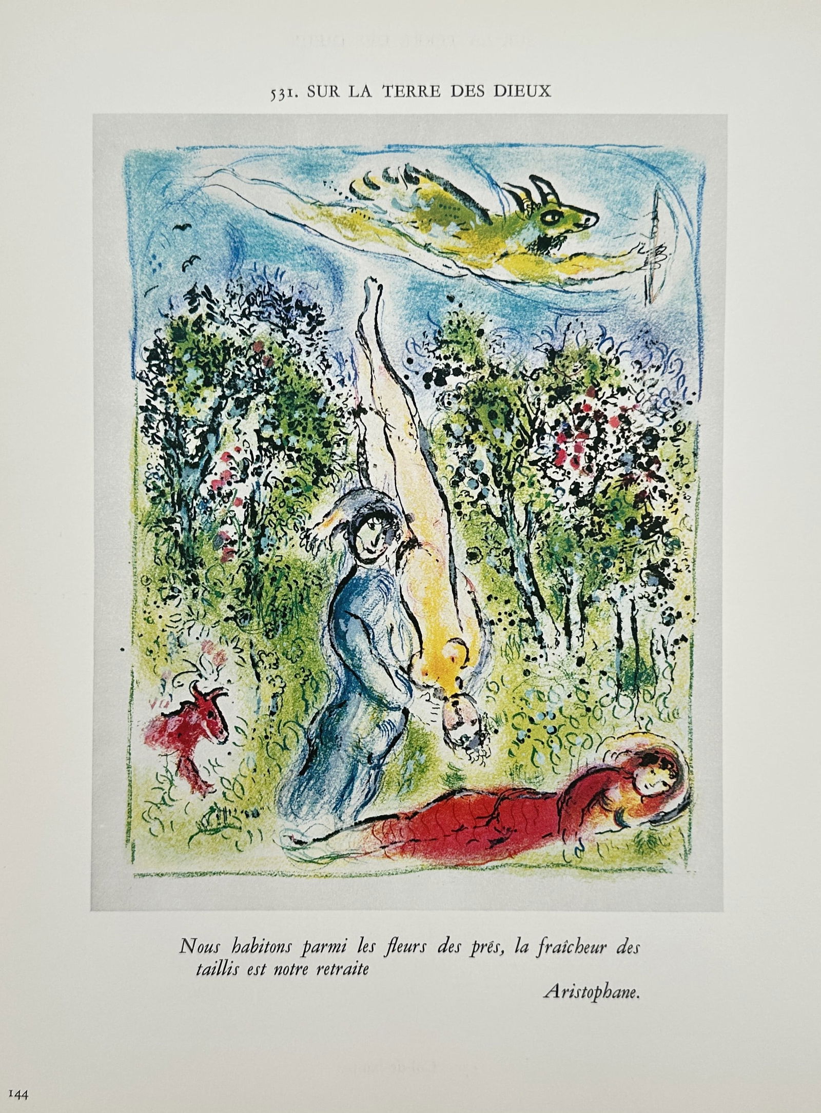 Marc Chagall (1887–1985), after – In the Garden of Flowers – Offset print (20th Century): "Nous habitons parmi les fleurs des prés, la fraîcheur des taillis est notre retraite" illustrates a vibrant mythological scene featuring two figures resting in a lush, flower-filled garden under a