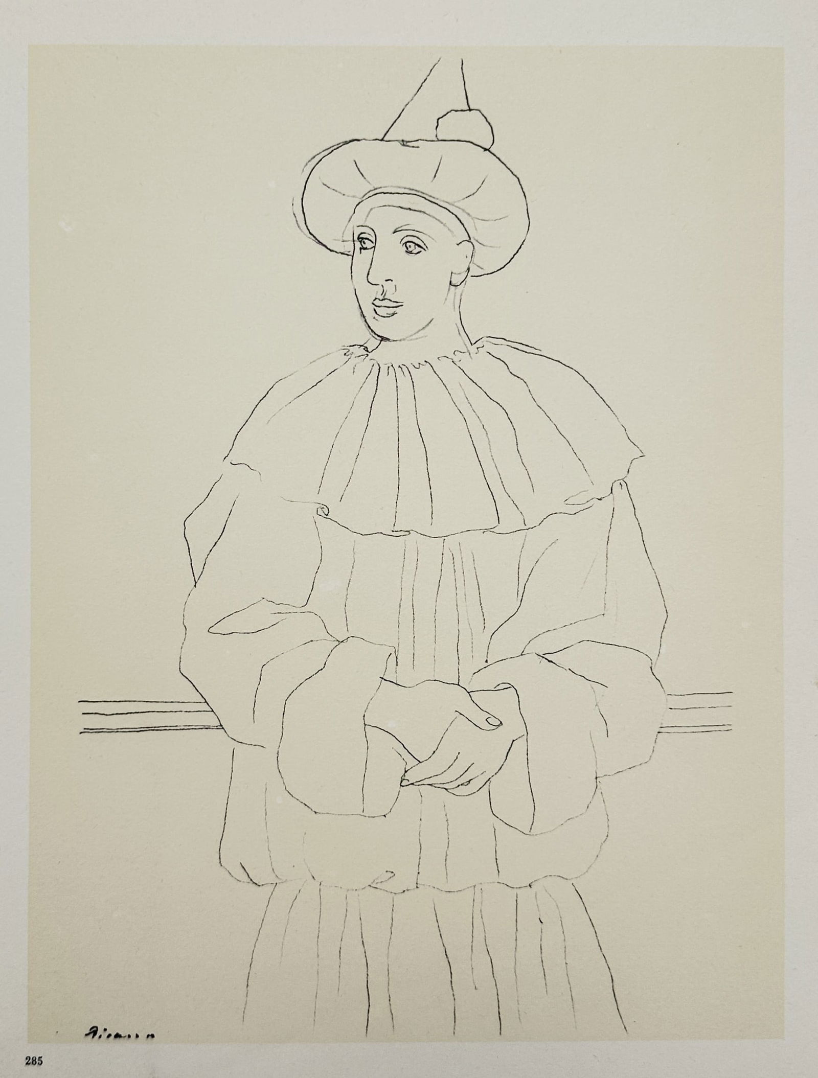 Pablo Picasso (1881–1973), after – Pierrot Seated – Offset print (20th Century): "Pierrot" illustrates a seated circus performer wearing a traditional loose-fitting white tunic with a ruffled collar and a pointed hat. The figure is rendered in the refined, linear draftsmanship cha