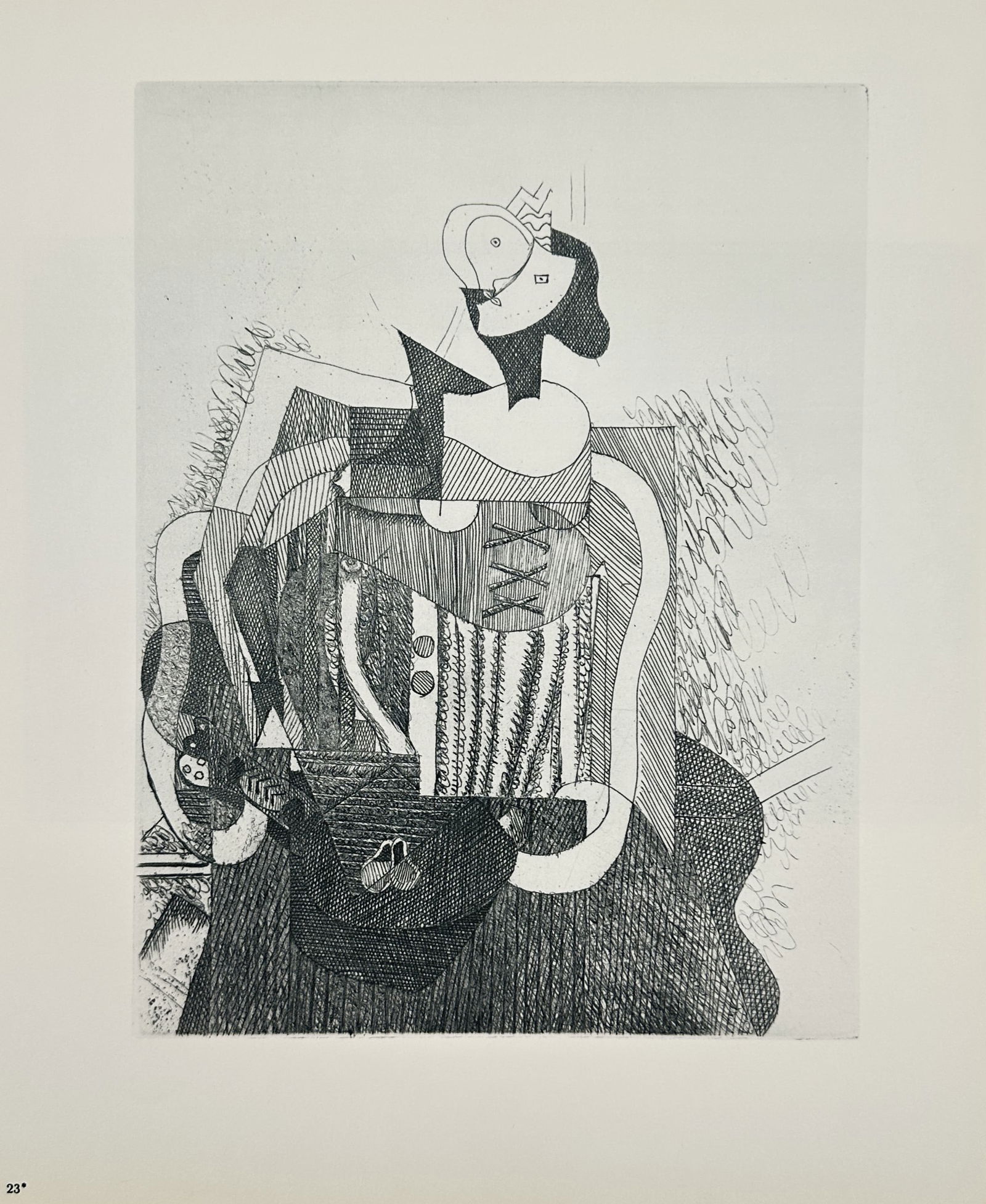 Georges Braque (1882–1963), after – Seated Woman – Offset print (20th Century): "Femme Assise" illustrates a complex cubist figure of a seated woman, rendered with an intricate network of geometric patterns and contrasting textures. The composition features fragmented planes that