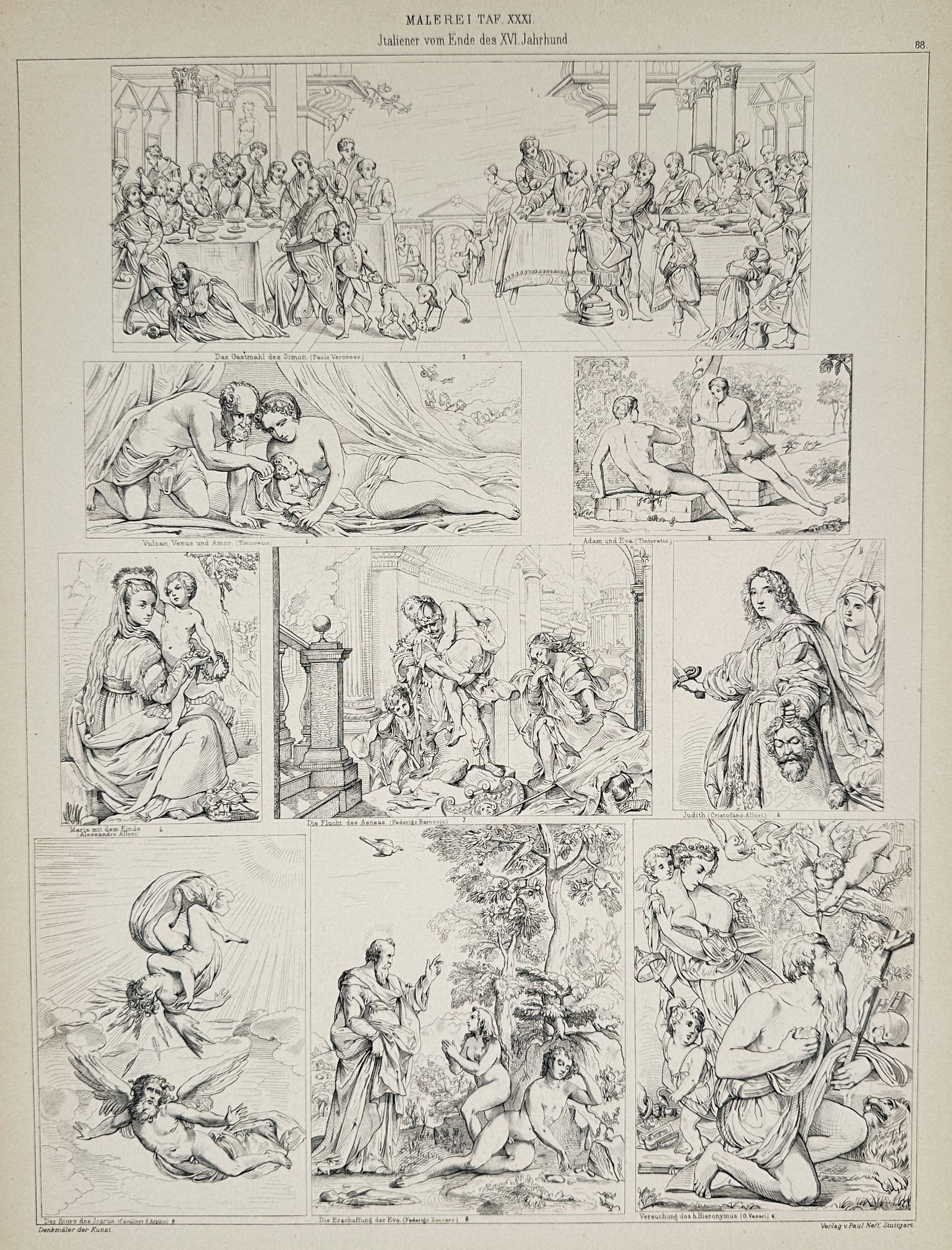 Paul Neff (19th Century) – Italian Master Paintings of the Late 16th Century – Engraving (1894): "Malerei Taf. XXXI" features a collection of nine classical scenes after works by Italian masters of the late sixteenth century, including grand banquet scenes, mythological depictions of Vulcan and V