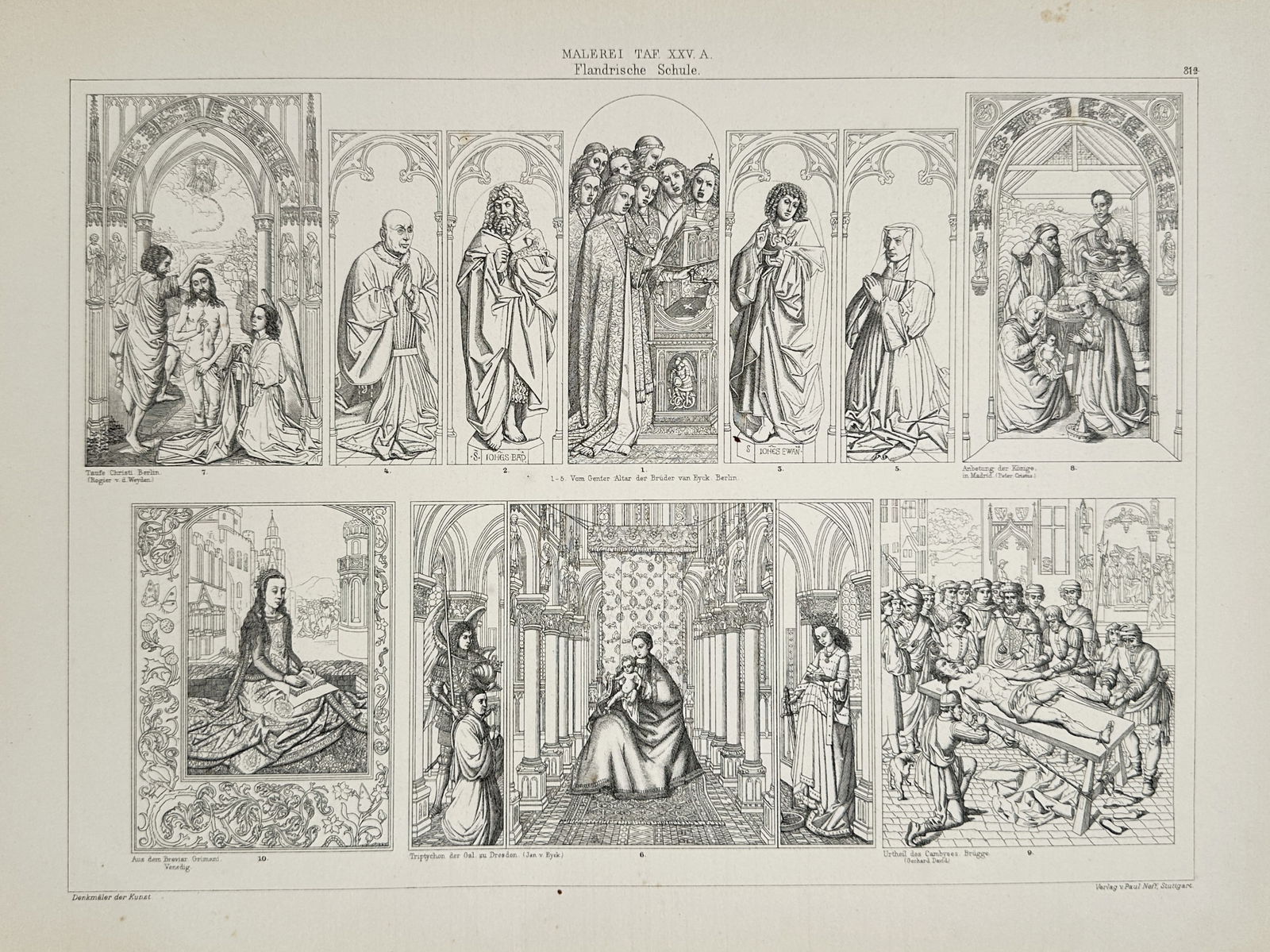 Paul Neff (19th Century) – Master Paintings of the Flemish School – Engraving (1894): "Malerei Taf. XXV A" features a collection of eleven religious scenes after works by masters of the Flemish school, including detailed panels from the Ghent Altarpiece by the brothers van Eyck. The pl