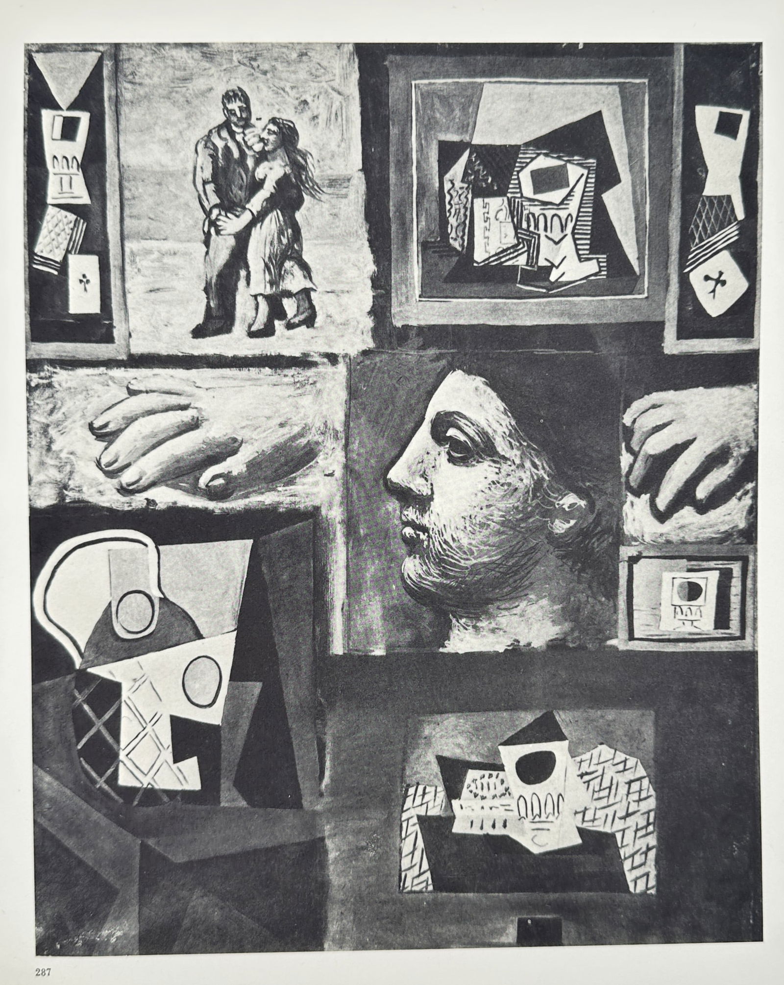 Pablo Picasso (1881-1973), after – Studies – Offset print (20th Century): "Études" depicts a complex arrangement of various artistic styles and subjects including a central profile portrait, two hands, a dancing couple, and several cubist still lifes with pitchers and geom