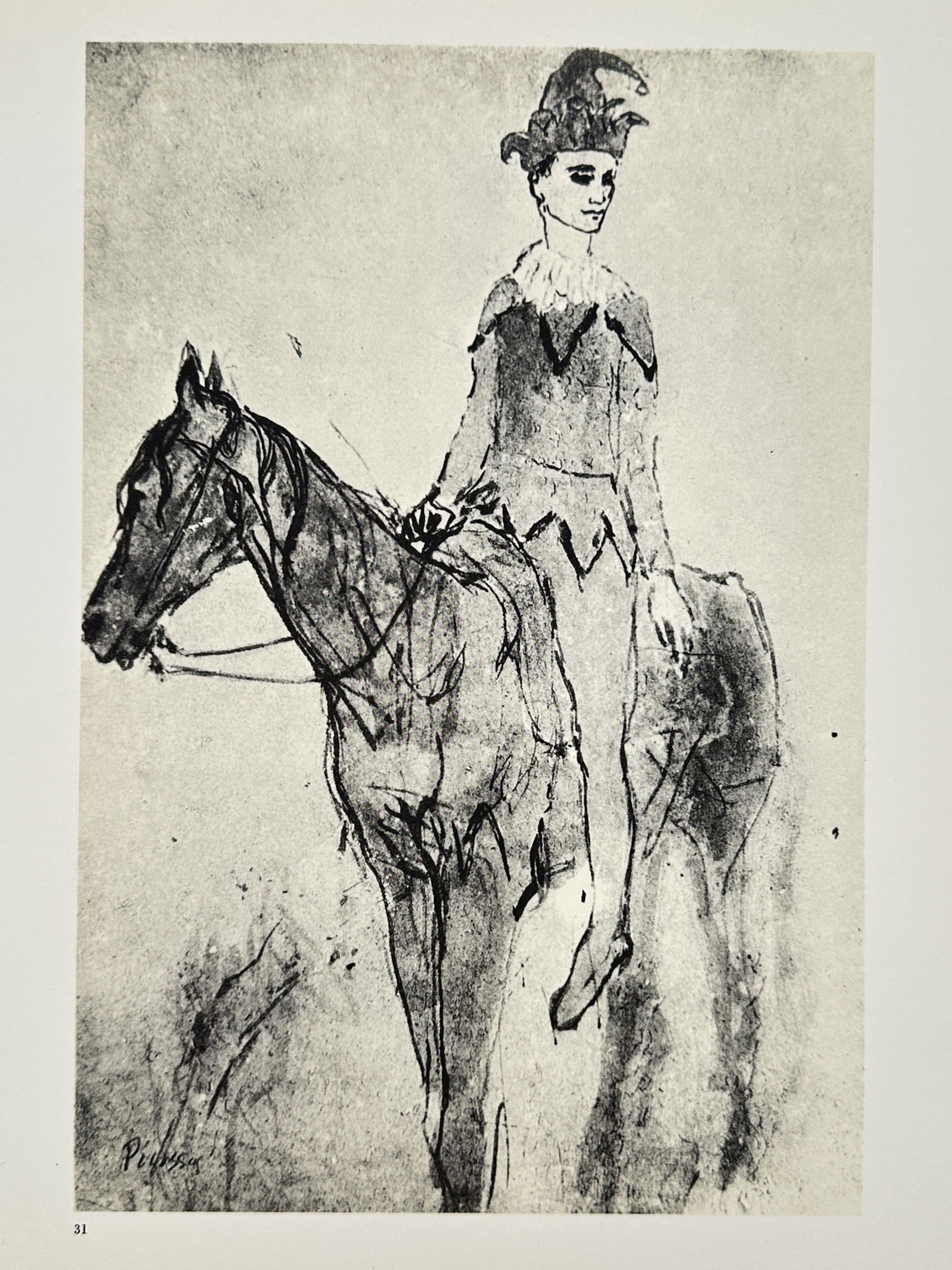 Pablo Picasso (1881-1973), after – Harlequin on Horseback – Offset print (20th Century): "Arlequin à cheval" depicts a slender figure dressed in a traditional harlequin costume with a pointed hat, seated upright upon a horse. The composition is rendered with loose, sketch-like lines that