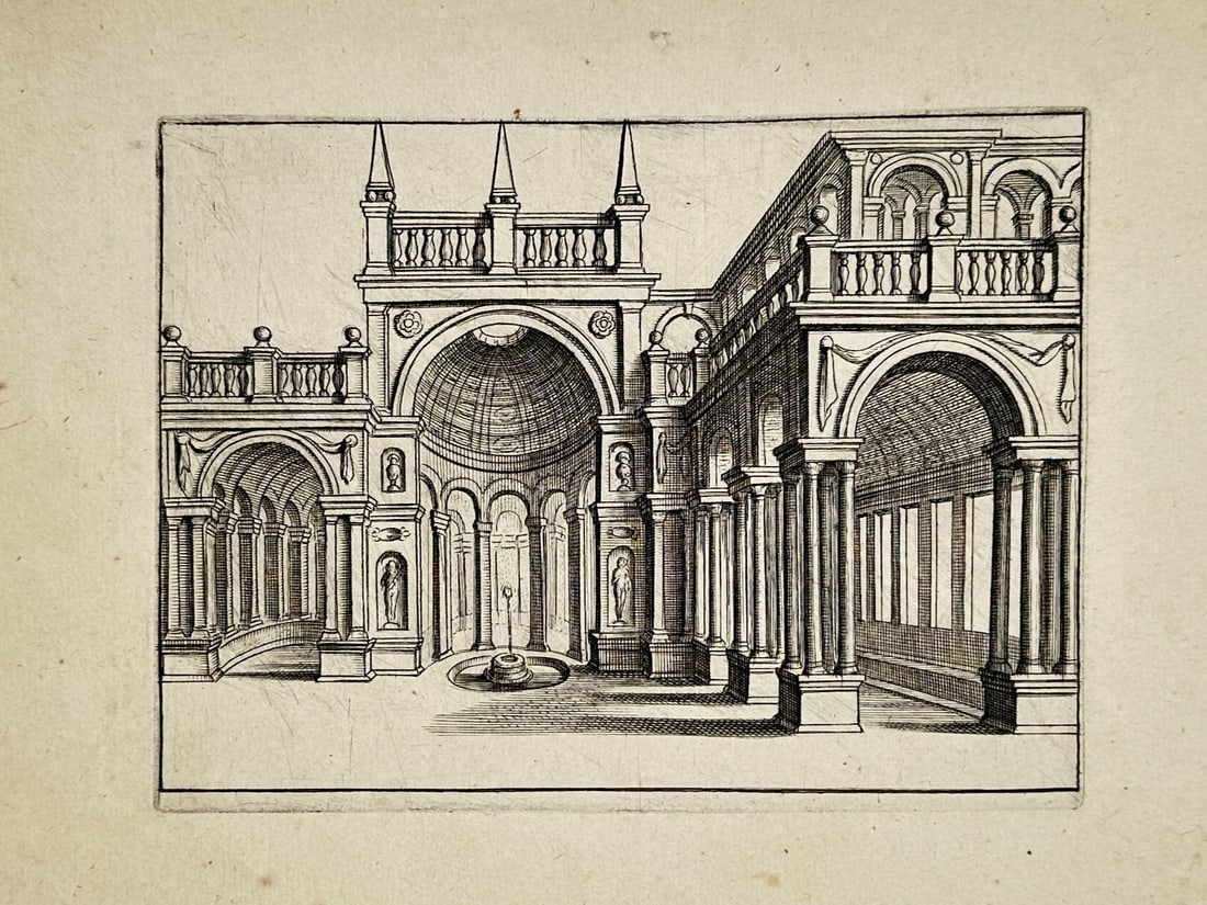 Pieter de Jode II (1606–ca. 1674) – Architectural View of a Domed Palace Courtyard – Woodcut (1 of 2)