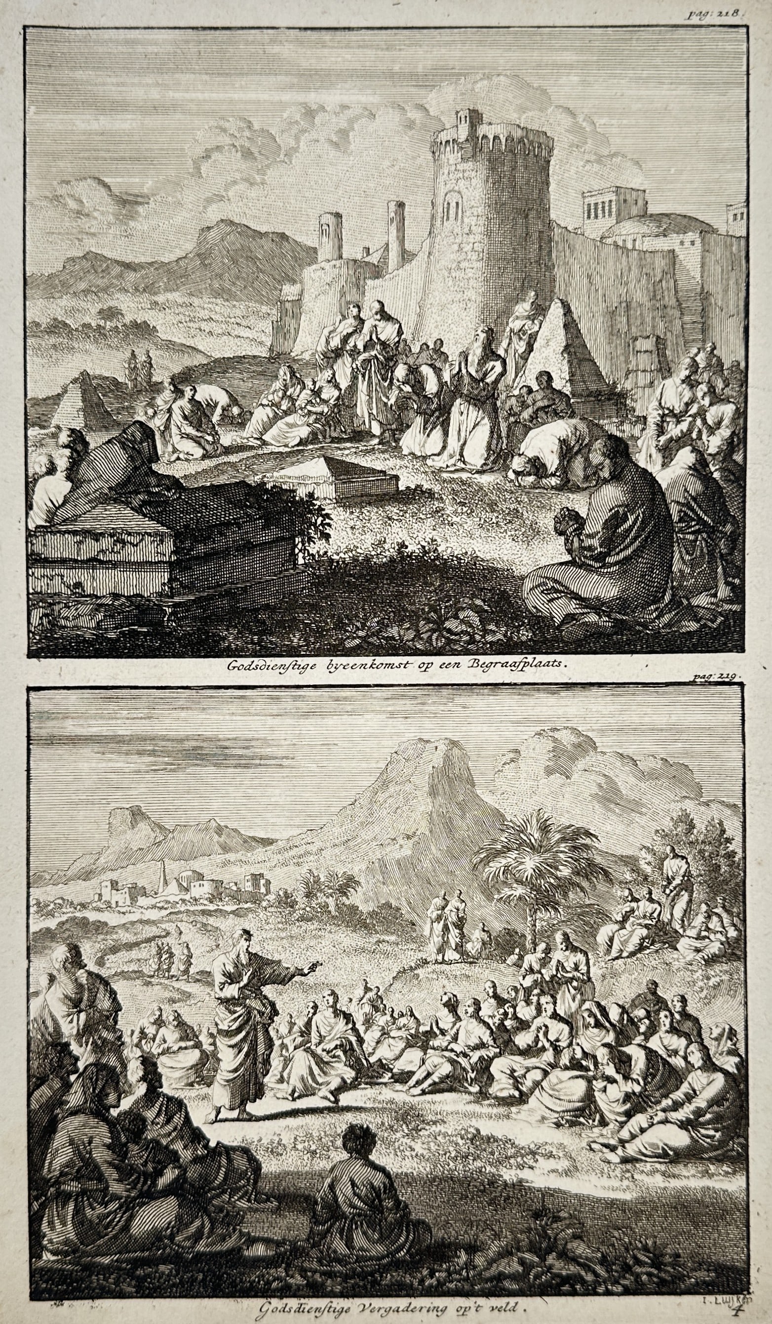 Jan Luyken (1649–1712) – Religious Gathering at a Cemetery and in the Field – Etching (1 of 2)