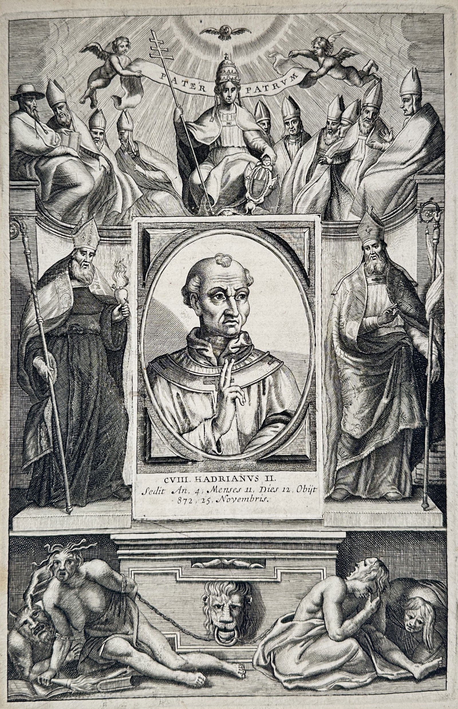 Cornelis Hazart (1617–1690) – Portrait and Allegory of Pope Adrian II – Etching (1678) (1 of 2)