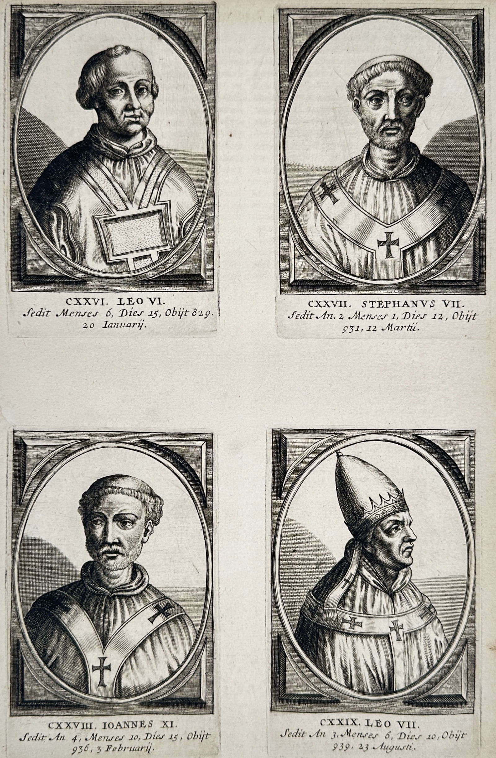 Cornelis Hazart (1617–1690) – Portraits of Popes Leo VI, Stephen VII, John XI, and Leo VII – (1 of 2)