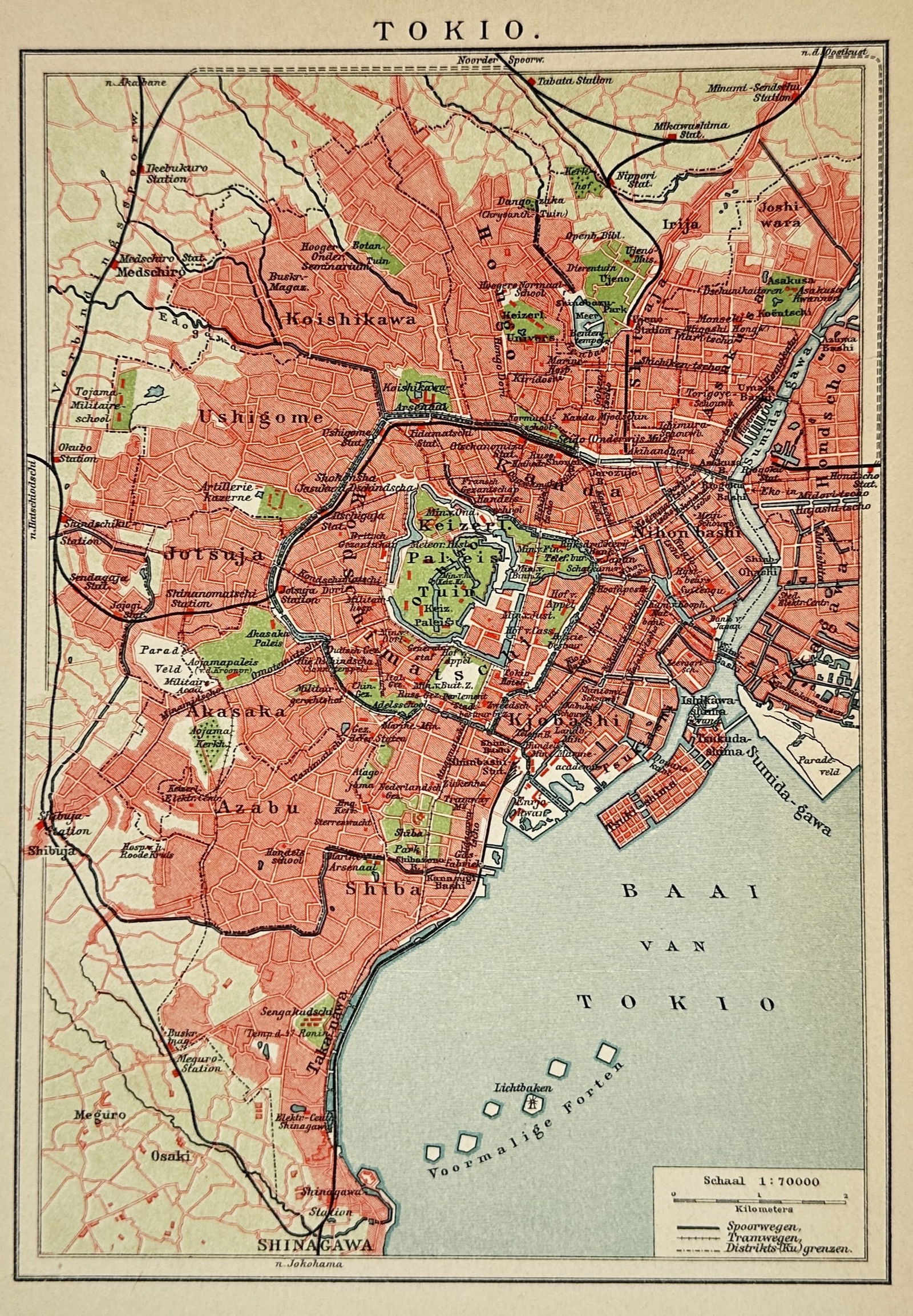 Friedrich Arnold Brockhaus (publisher) – Map of Tokyo (Tokio) – Lithograph (20th Century): "TOKIO" depicts a detailed topographical map of the Japanese capital during the Meiji or early Taisho era. The map features a color-coded urban layout highlighting the various districts such as Akasak