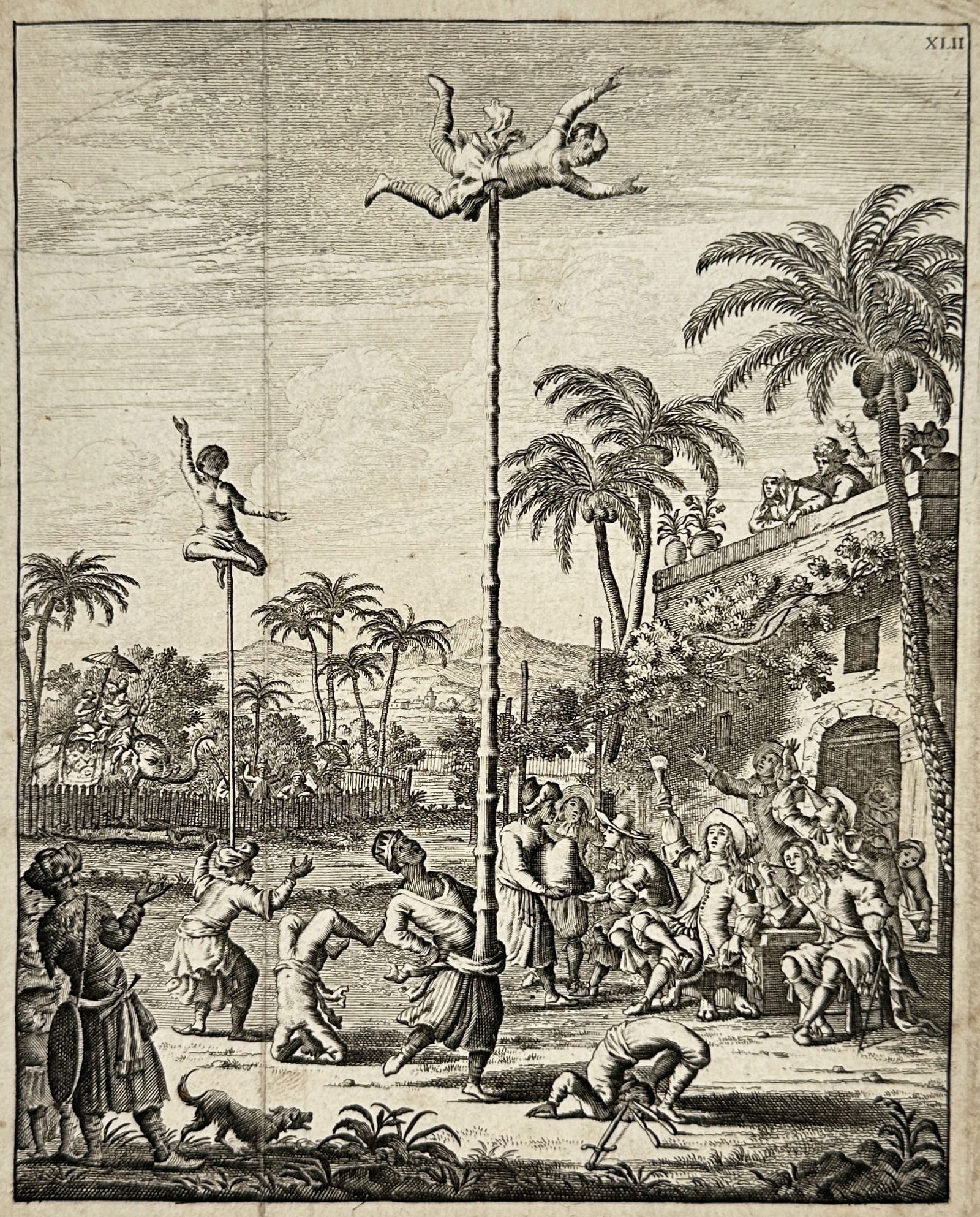 Wouter Schouten (1638–1704) – Entertainment in Bengal – Etching (1775): "Bengaalerye" depicts a lively outdoor scene of acrobatic performance in a tropical landscape. The etching shows various entertainers, including a figure balanced atop a very tall pole and another per
