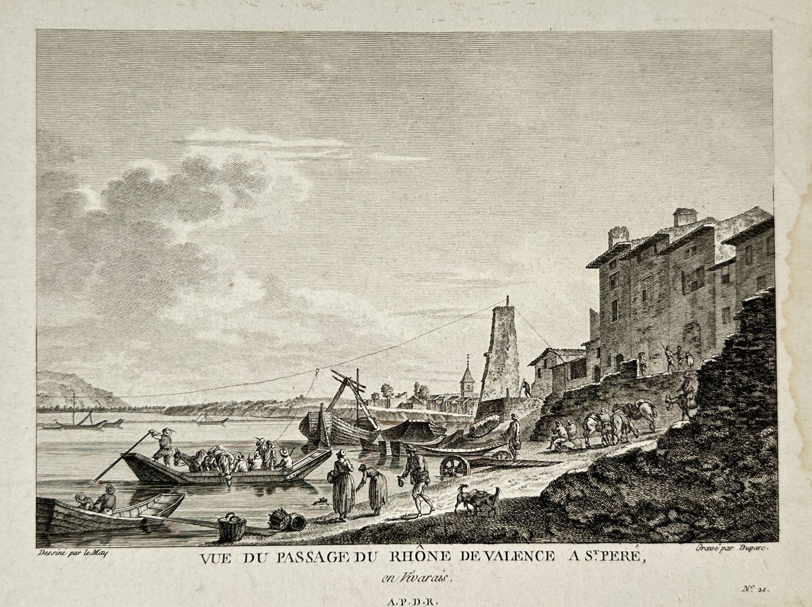 Olivier Le May (1734–1797) – View of the Passage of the Rhône from Valence to Saint-Péray: "Vue du Passage du Rhône de Valence a St. Pere, en Vivarais" presents a riverside scene at the edge of the Rhône River, featuring the embarkation point for the crossing from Valence to Saint-Péray.