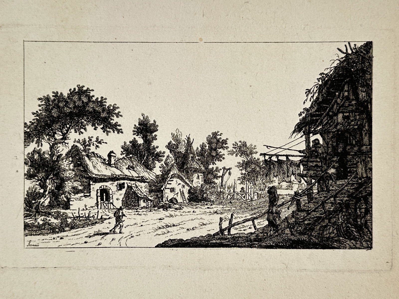 Nicolas Perignon (1726–1782) – Rural Village with Thatched Cottages – Etching (18th Century) (1 of 2)