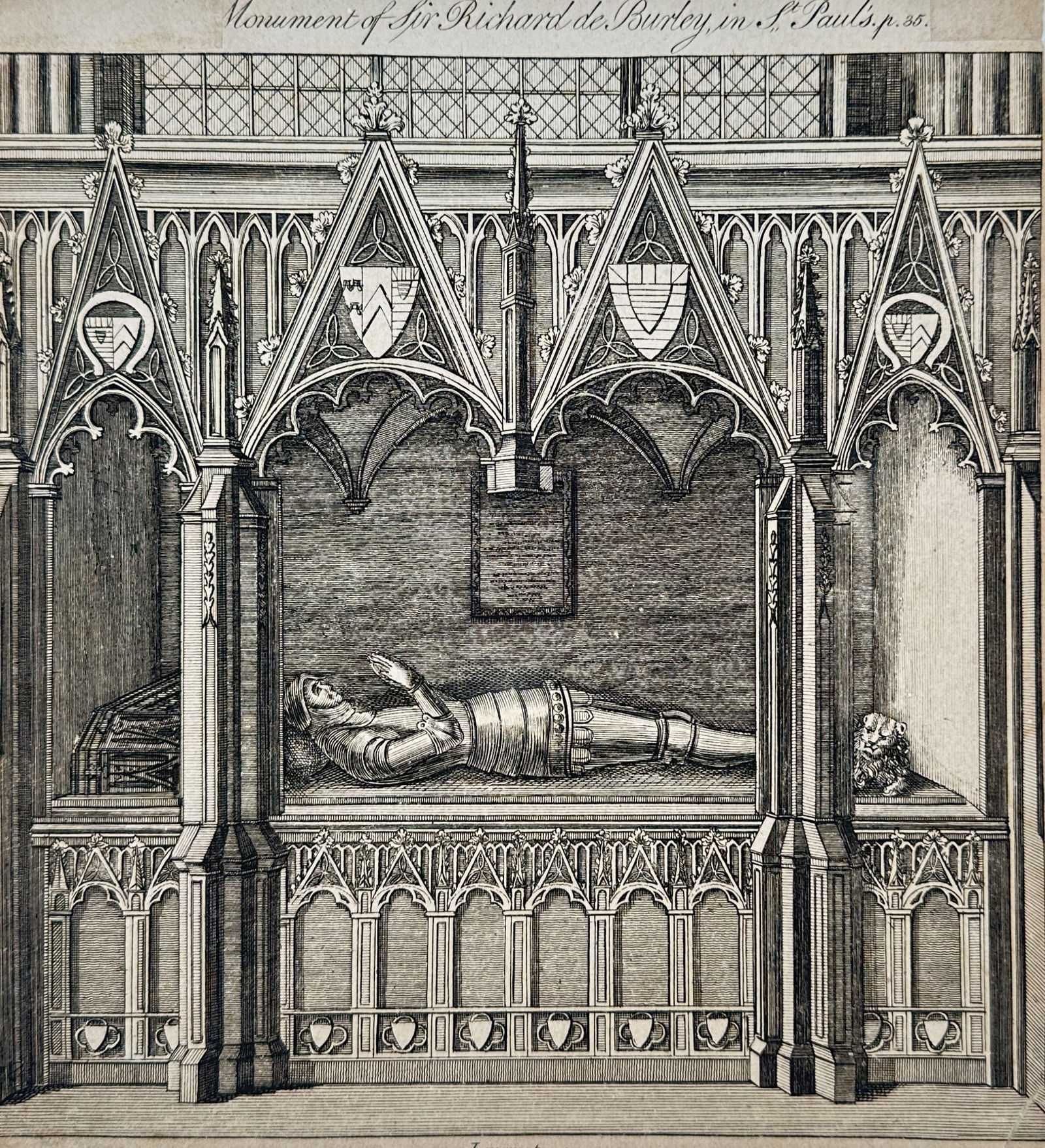 Wenceslaus Hollar (1607–1677) – Monument of Sir Richard de Burley in St Pauls – Etching (1 of 2)