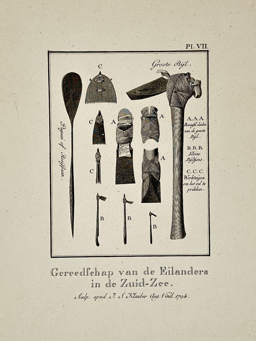 Joseph Sebastian Klauber (1710–1768) – Tools of the Islanders in the South Sea: "Gereedschap van de Eilanders in de Zuid-Zee" depicts a variety of indigenous tools and weapons from the South Pacific, including a large ceremonial adze with a woven handle, various stone blades, sma