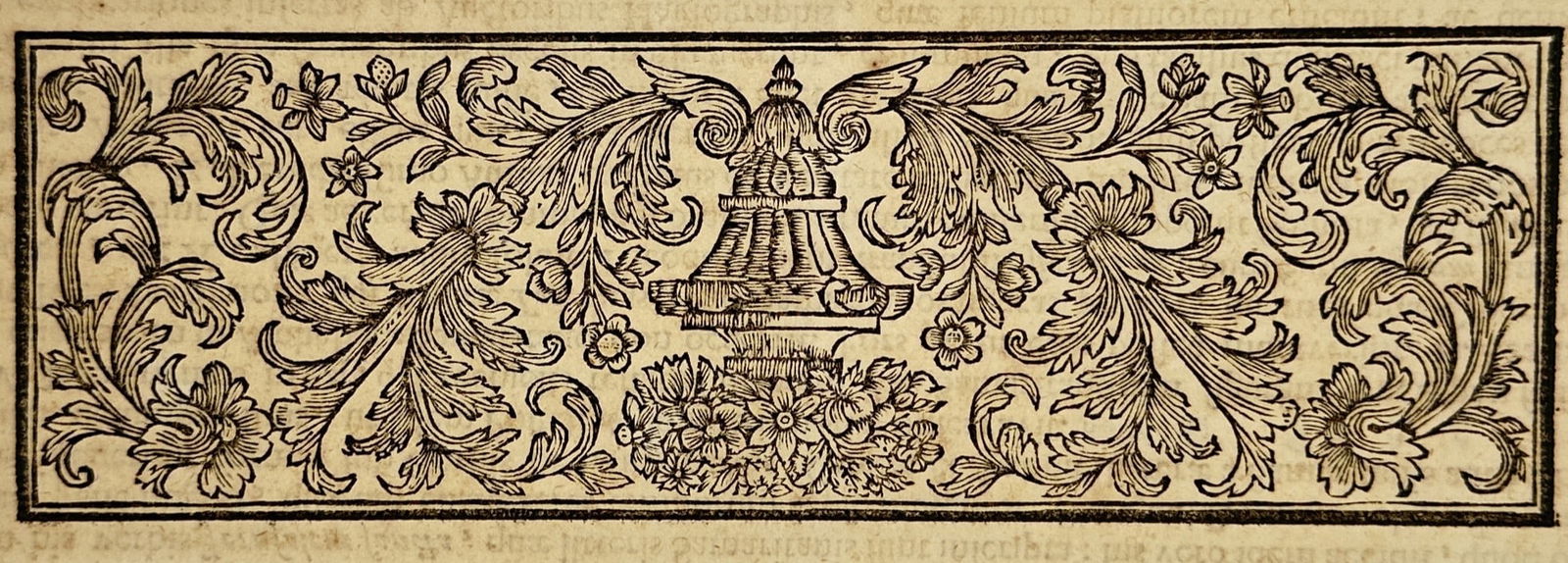 Unknown Artist – Floral and Acanthus Decorative Frieze – Woodcut (1634): "Floral and Acanthus Decorative Frieze" is a horizontal ornamental woodcut featuring a central classical urn overflowing with a variety of flowers. The composition is flanked by symmetrical, scrolling