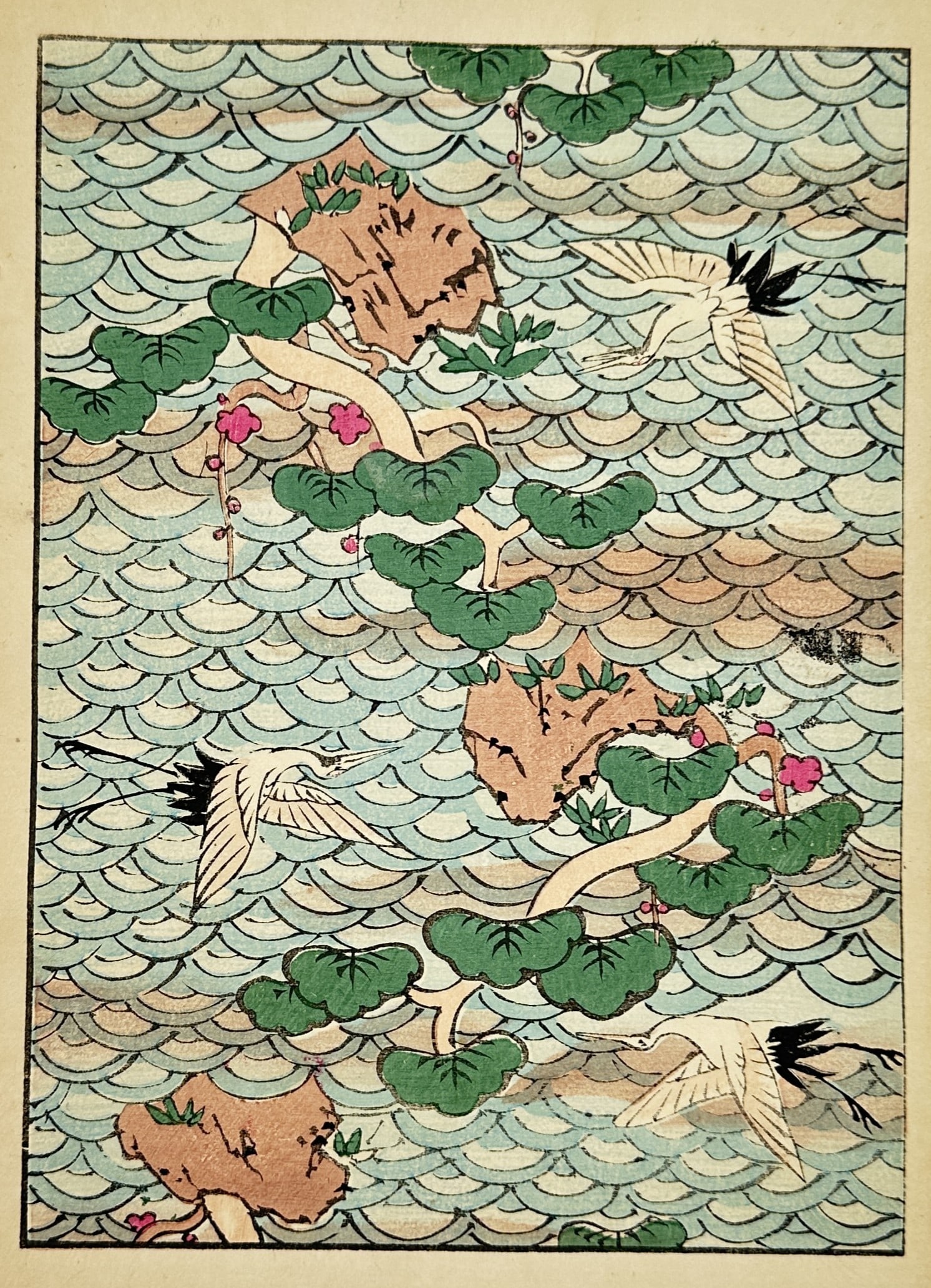 Japanese School (20th Century) – Cranes and Pine Trees over Waves – Woodcut (20th Century) (1 of 2)