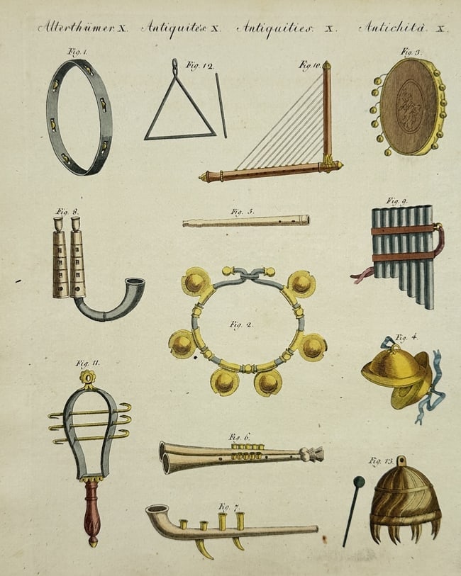 Friedrich Justin Bertuch (1747–1822) – Ancient Musical Instruments – Engraving: This engraving depicts a diverse collection of musical instruments from antiquity, arranged in a systematic grid for educational reference. The illustration features percussion instruments such as a t