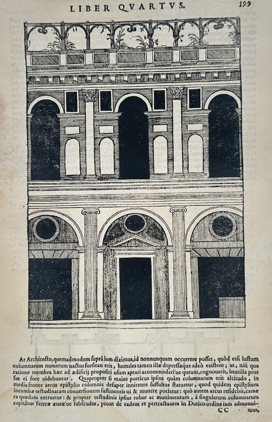 Andrea Palladio (1508–1580) – Architectural Study of a Loggia and Courtyard Elevator: This illustration depicts a detailed architectural elevation of a two-story classical structure, showcasing the harmonious proportions characteristic of the High Renaissance. The lower level features