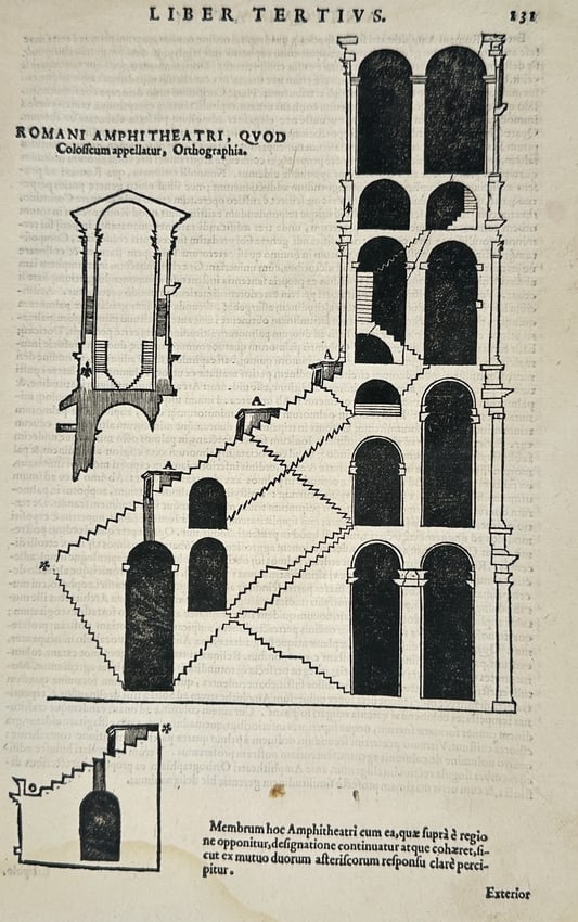 Andrea Palladio (1508–1580) – Architectural Section of the Roman Colosseum: This illustration depicts a technical architectural section of the Roman Colosseum, showcasing the internal structure and seating arrangements of the ancient amphitheater. The drawing reveals the comp