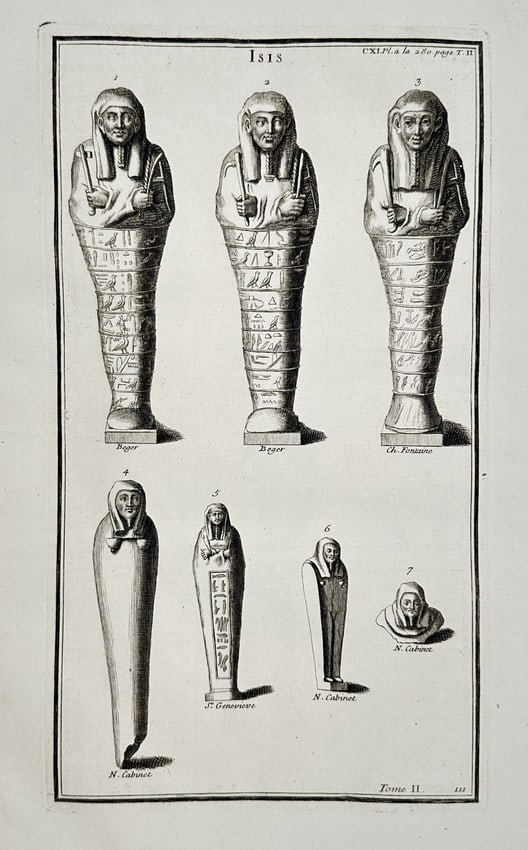 Bernard de Montfaucon (1655–1741) – Egyptian Ushabti Figures and Funerary Statue: This engraving depicts a collection of seven ancient Egyptian funerary artifacts, primarily ushabti figures and small sarcophagi, titled Isis. The upper register features three large, standing ushabti