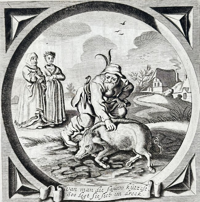 Jacob Cats (1577–1660) – Man Taming a Sow – Engraving (1630–1660) (1 of 3)