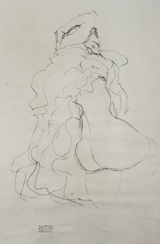 Gustav Klimt (1862–1918) – Standing Figure Study – Etching (20th Century): This print, derived from an original drawing, is a full-length study of a standing female figure. The composition is highly expressive, utilizing loose, looping contour lines to define the volume of t