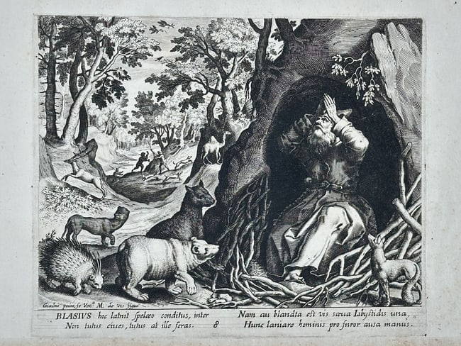 Maerten de Vos (1532–1603) – Saint Blaise in the Wilderness – Copper engraving (1 of 2)