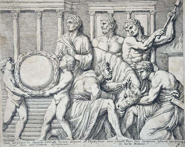Cornelis Bloemaert II (1603–1692) – The Sacrificial Taurus in the Capitoline Mus: This detailed engraving reproduces a classical Roman sacrificial relief located in the Capitoline Museum, depicting the preparation of a bull (Taurus) for sacrifice in a crowded scene set against a ba