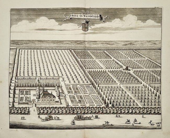 Mattheus Smallegange – The House in Wattenveldeng – Engraving: This detailed engraving depicts the estate known as The House in Wattenveldeng, located in the Netherlands (Zeeland). The view is aerial and slightly elevated, showing the architectural features of th