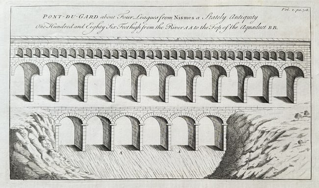 Emanuel Bowen (1693–1767) – The Pont du Gard Aqueduct Near Nismes: This detailed architectural engraving, titled The Pont du Gard Aqueduct Near Nismes, illustrates the magnificent Roman aqueduct bridge, located near Nîmes, France. The print captures the ancient stru