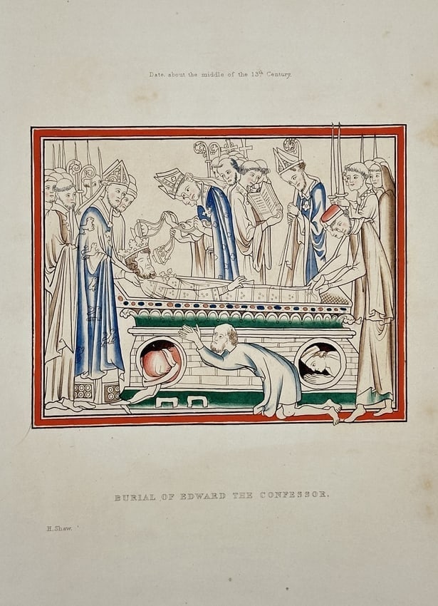 Henry Shaw (1800–1873) – Illustration of the Burial of Edward the Confessor: This print is an illustration titled "BURIAL OF EDWARD THE CONFESSOR," depicting a scene from medieval history or manuscript illumination. The scene shows several figures in ecclesiastical vestments p
