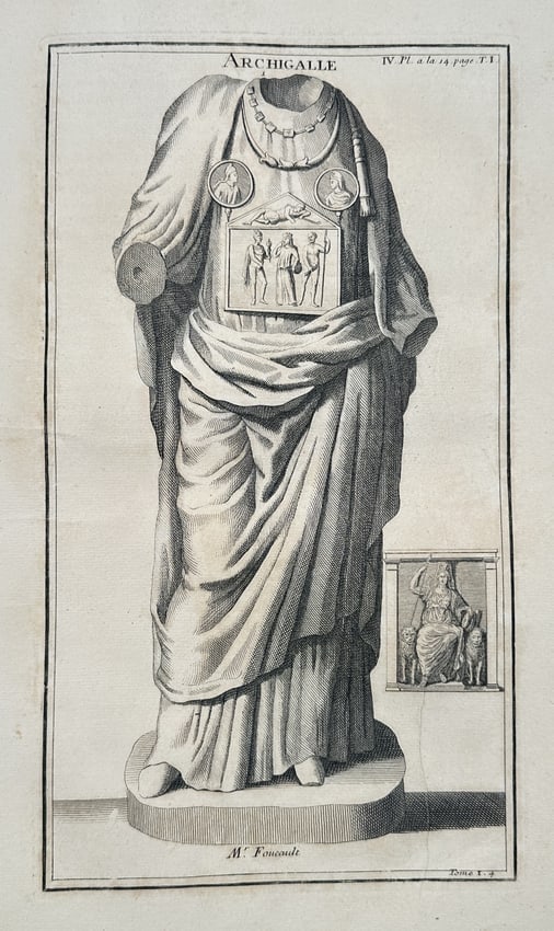 Bernard de Montfaucon – Statue of an Archigalle (High Priest of Cybele) – Engraving: This engraving, plate 1 from the fourth volume, illustrates a statue of an Archigalle, the High Priest of Cybele. The headless, draped statue is prominently displayed on a pedestal, notable for the pe