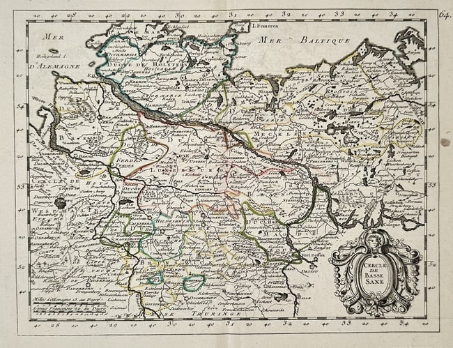 Georges-Louis Le Rouge – Map of the Circle of Lower Saxony – Engraving (1756): This engraving is a finely detailed map titled "CERCLE DE BASSE SAXE," depicting the Circle of Lower Saxony (Niedersachsen), one of the ten administrative divisions of the Holy Roman Empire. The map c