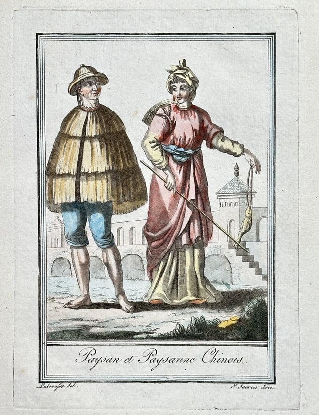 Jacques Grasset de Saint-Sauveur – Chinese Peasant and Peasant Woman: This ethnographic print, titled Paysan et Paysanne Chinois, depicts a Chinese peasant couple in their everyday working attire. The male figure is shown wearing a distinctive hat and a large, wide wove