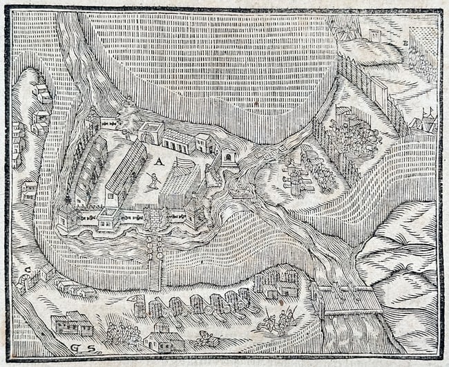Sebastian Münster (1488–1552) – View of the Fortress of Bacza in Hungary – Woodcut (1 of 3)