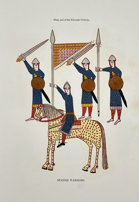 Henry Shaw (1800–1873) – Spanish Warriors – Lithograph with hand-coloring: The print is highly detailed and vibrantly hand-colored, reflecting the original painted tomb sculpture.Henry Shaw was a respected English illustrator, engraver, and antiquarian. He specialized in pub