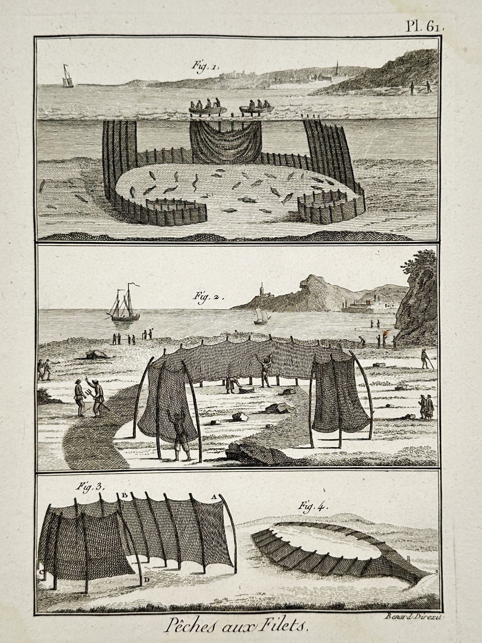 Robert Benard (1734–1777) – Marine Study of Net Fishing Techniques – Etching (1762): "Pêches aux Filets." illustrates a systematic documentation of four distinct methods for coastal and offshore net fishing. The upper register presents a cross-sectional view of an underwater circular
