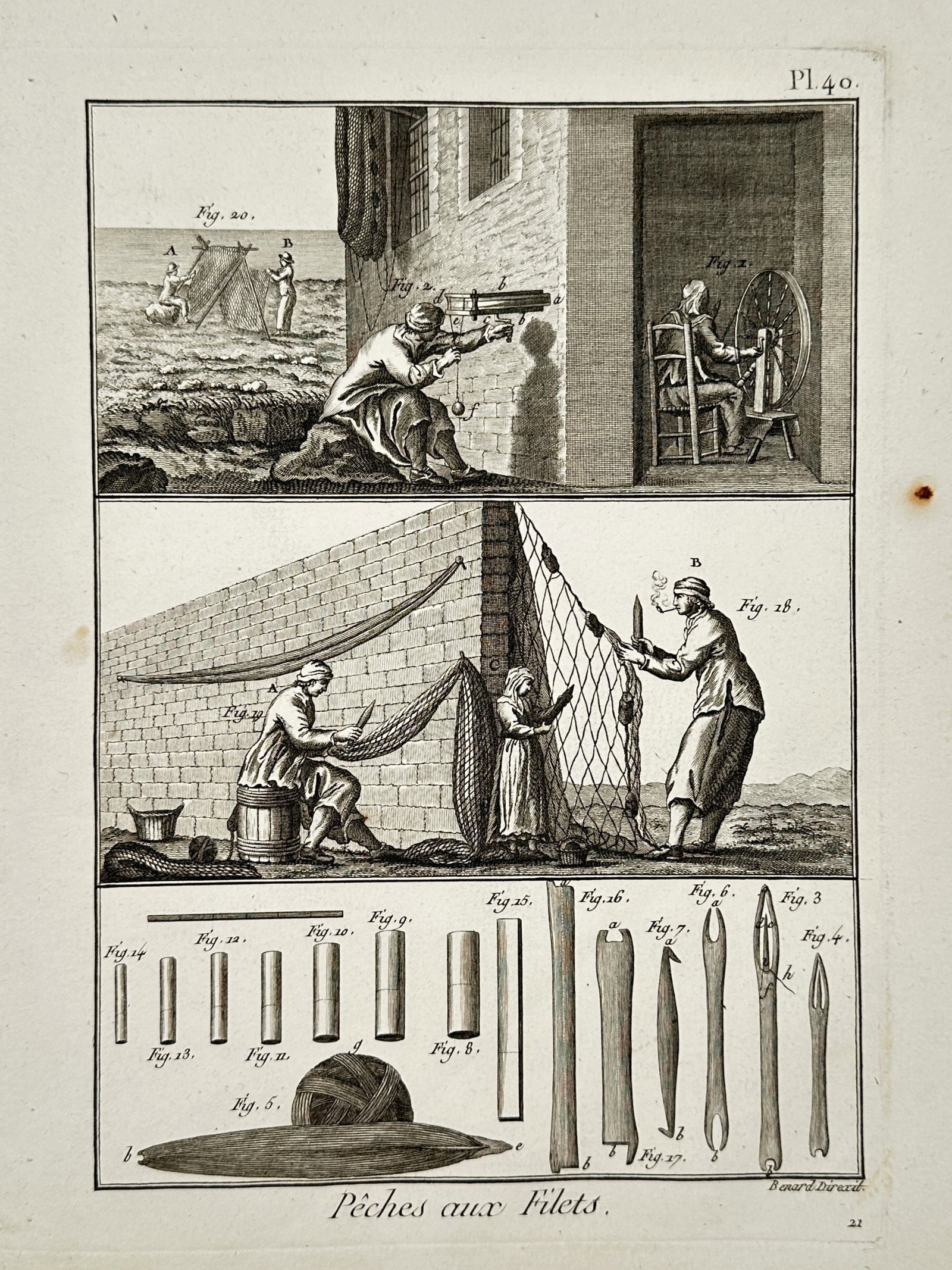 Robert Benard (1734–1777) – Marine Study of Net Construction and Repair – Etching (1762): "Pêches aux Filets." illustrates the technical processes involved in the manufacture and maintenance of commercial fishing nets. The upper register features three distinct scenes: two individuals ope