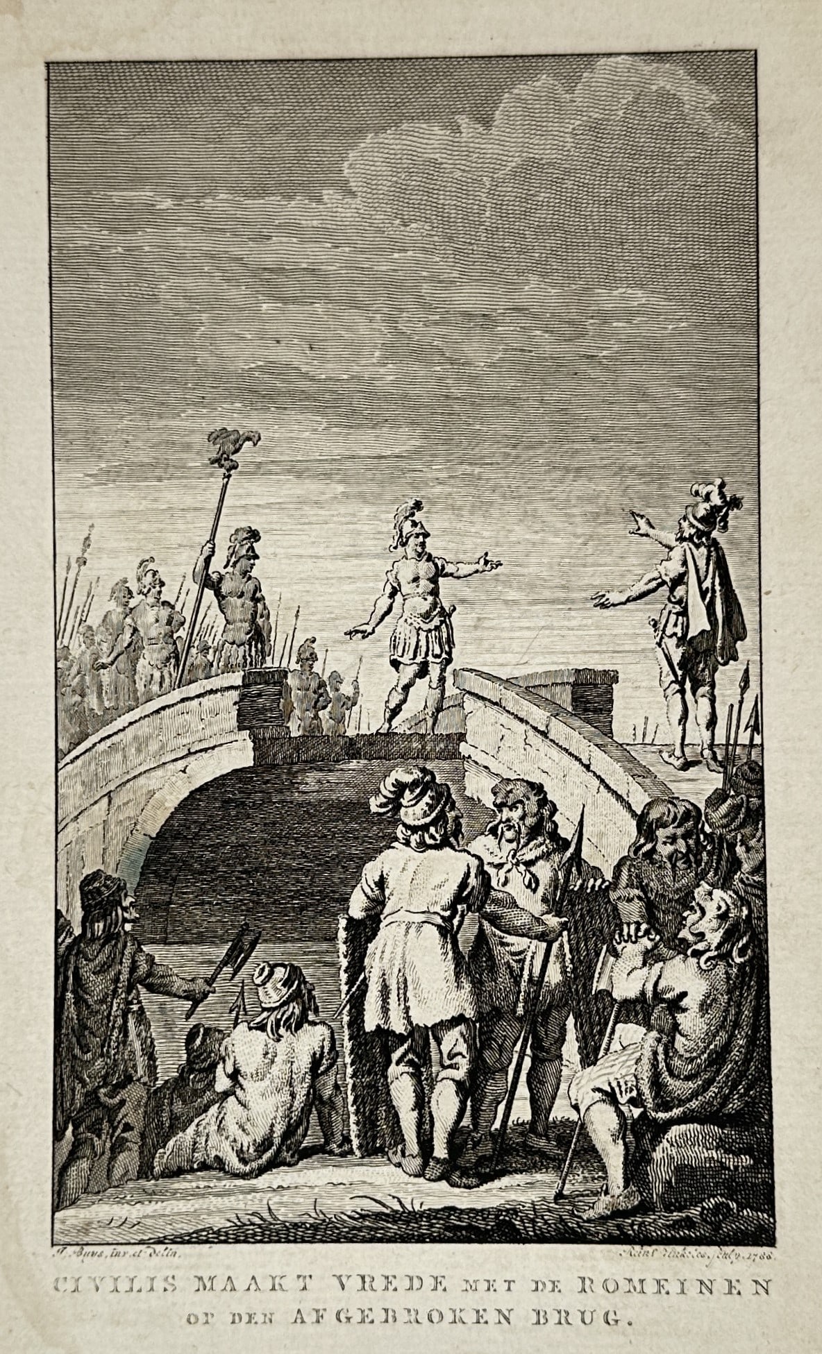 William Wilkins (1778–1839) – Claudius Civilis Making Peace with the Romans – Etching (1841): "Civilis maakt vrede met de Romeinen op de afgebroken brug." illustrates a significant historical meeting between the leader of the Batavian rebellion and Roman representatives. The composition depict