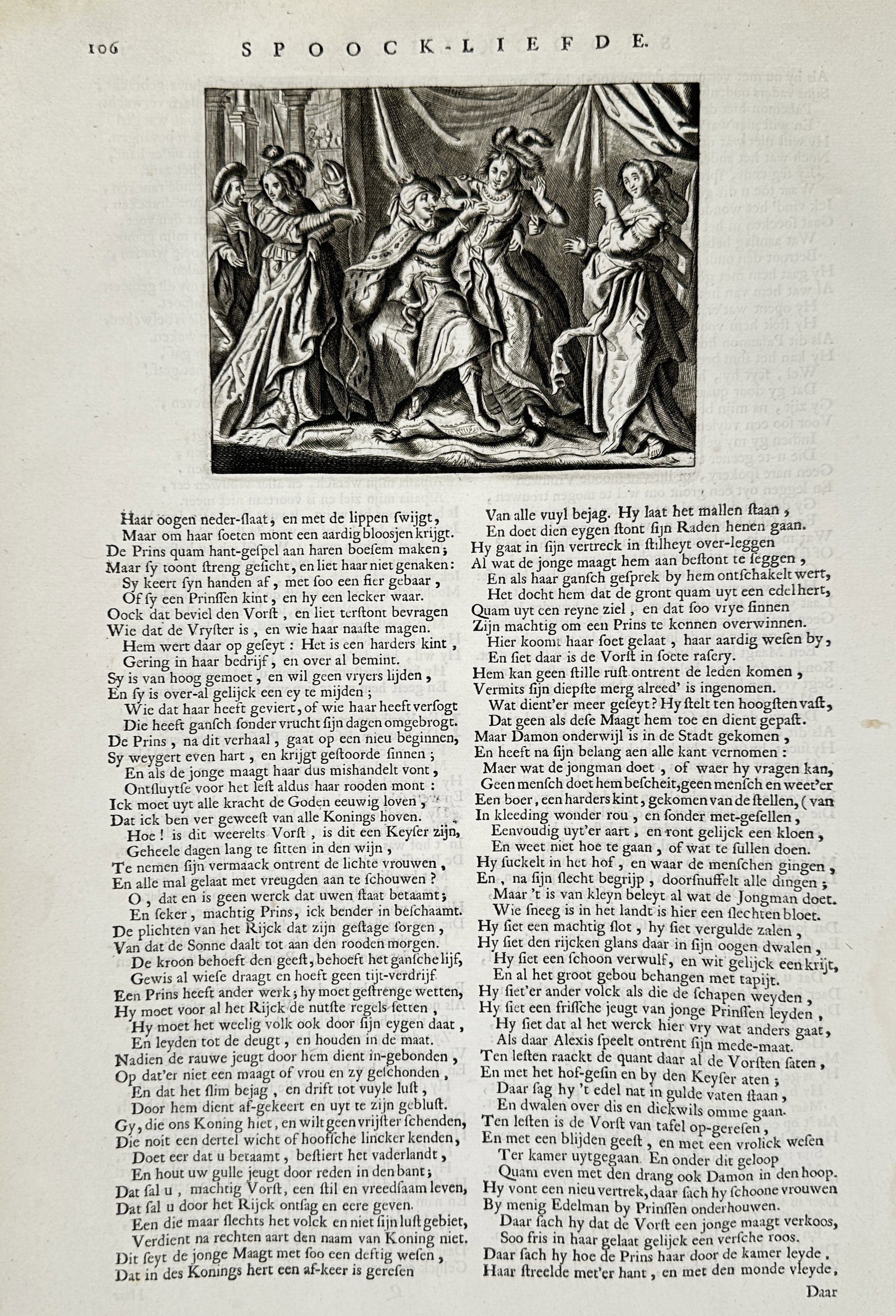 Jacob Cats (1577–1660) – Allegorical Scene of a Frightened Maiden and Suitors – Etching (1 of 2)