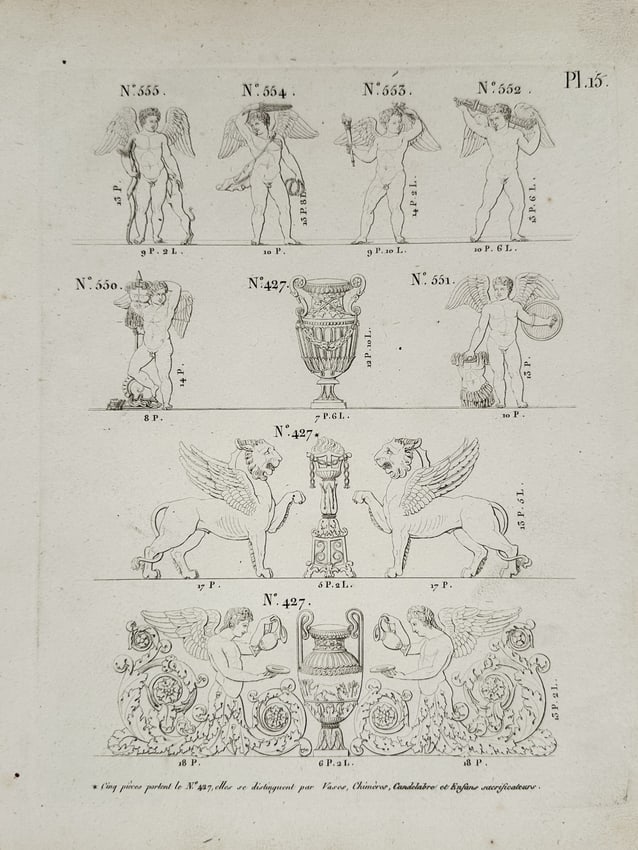 Joseph Beunat (Active 1805–1825) – Neoclassical Putti and Winged Lion Ornaments: This engraving depicts an assortment of neoclassical decorative elements, primarily featuring figurative and mythical motifs. The upper section displays six winged putti in various poses, some carryin