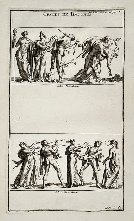 Bernard de Montfaucon (1655–1741) – Scenes of Bacchic Rituals – Engraving (1719) (1 of 2)